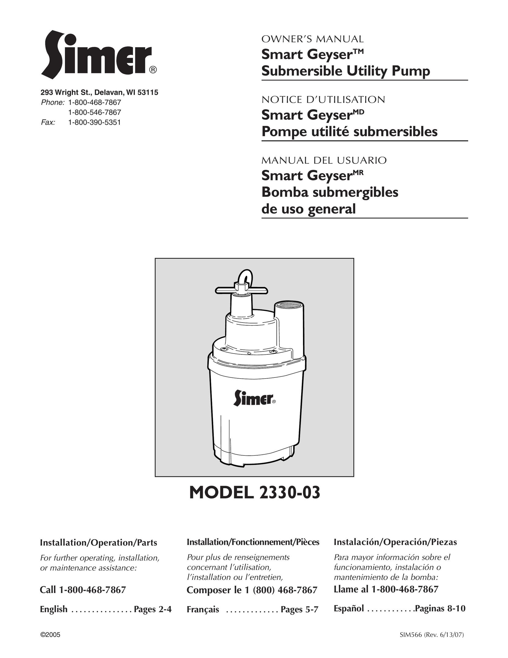 Simer Pumps 2330-03 Water Pump User Manual