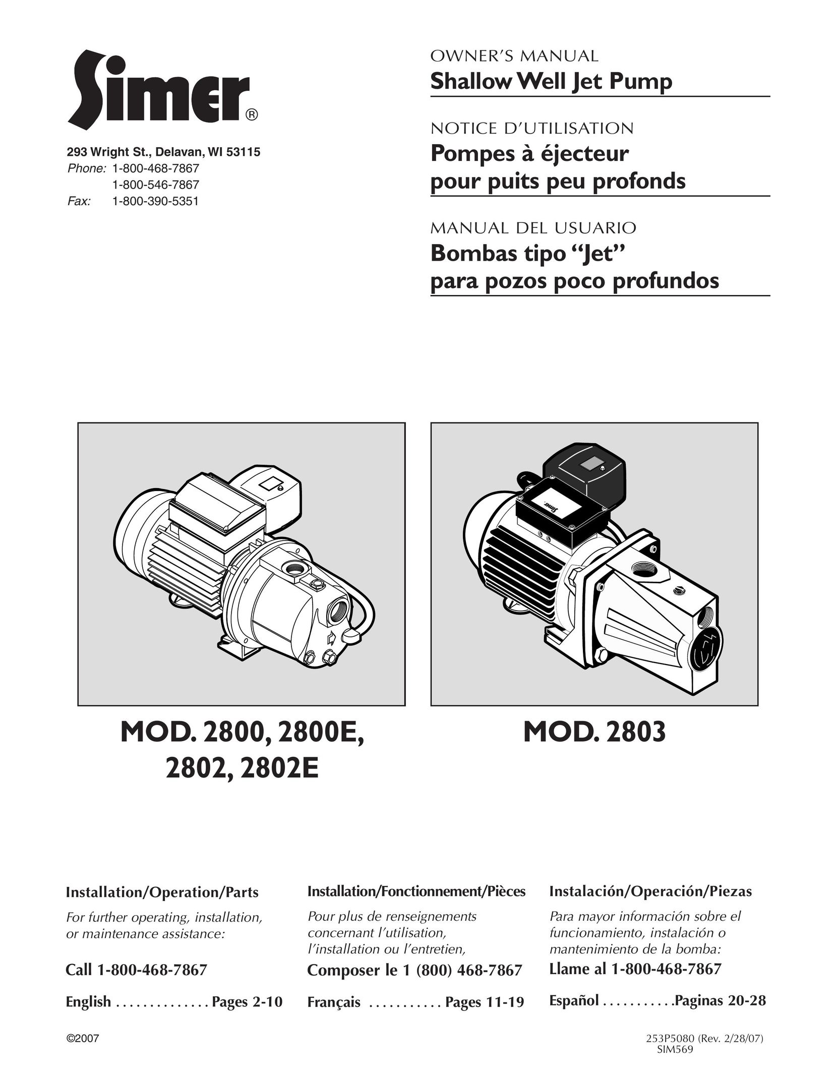 Simer Pumps 2800E Water Pump User Manual
