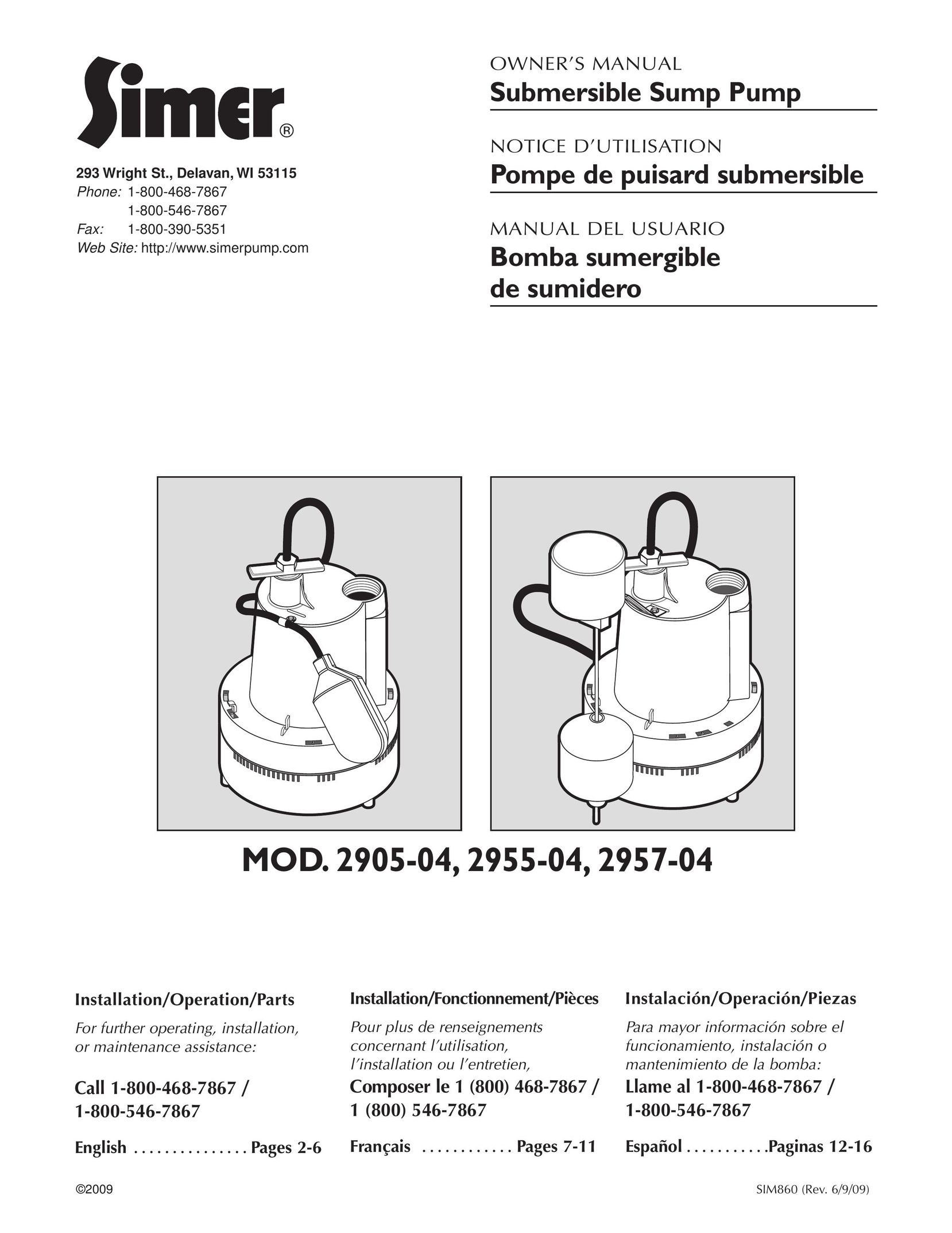 Simer Pumps 2905-04 Water Pump User Manual
