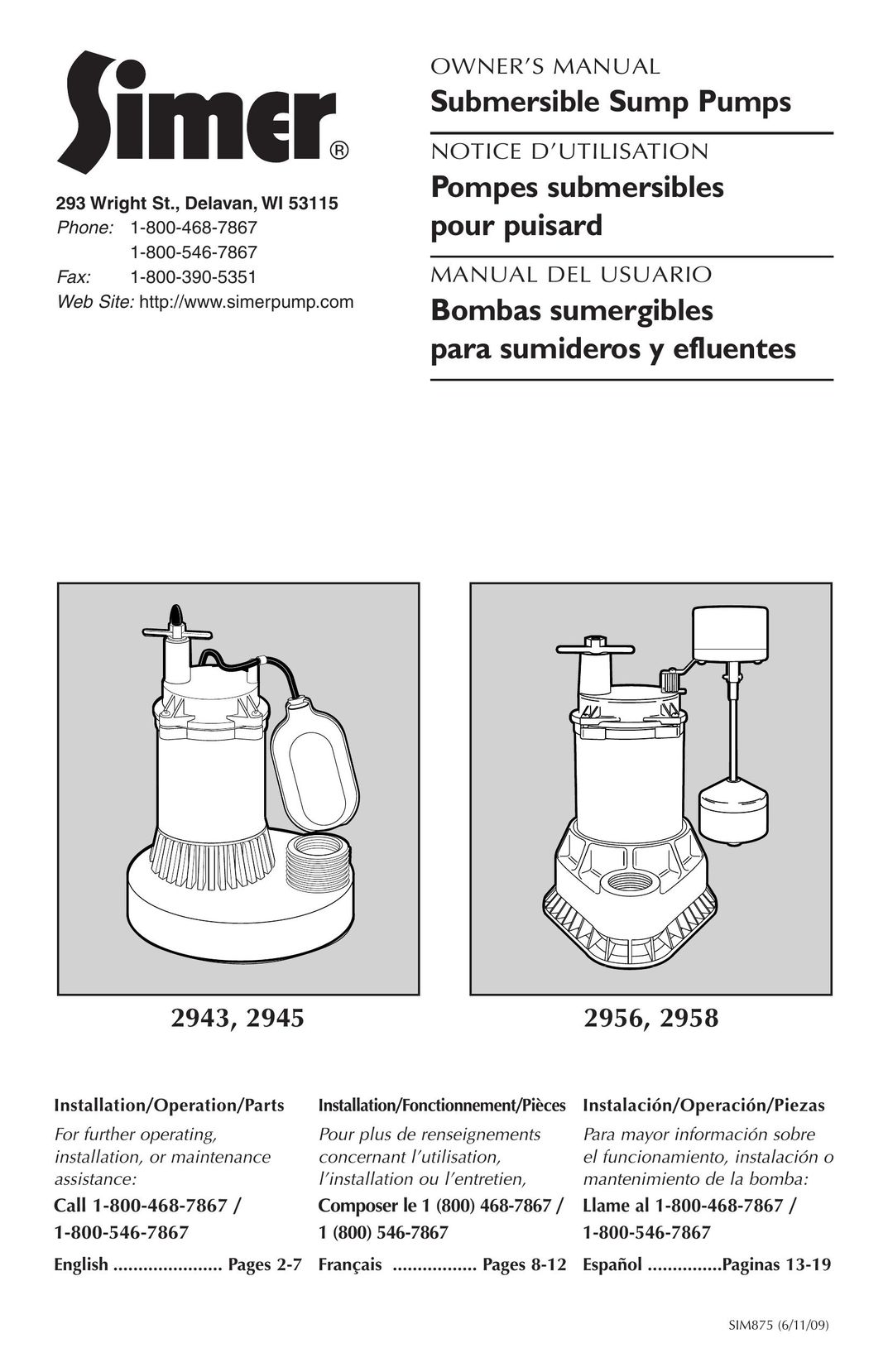 Simer Pumps 2943 Water Pump User Manual