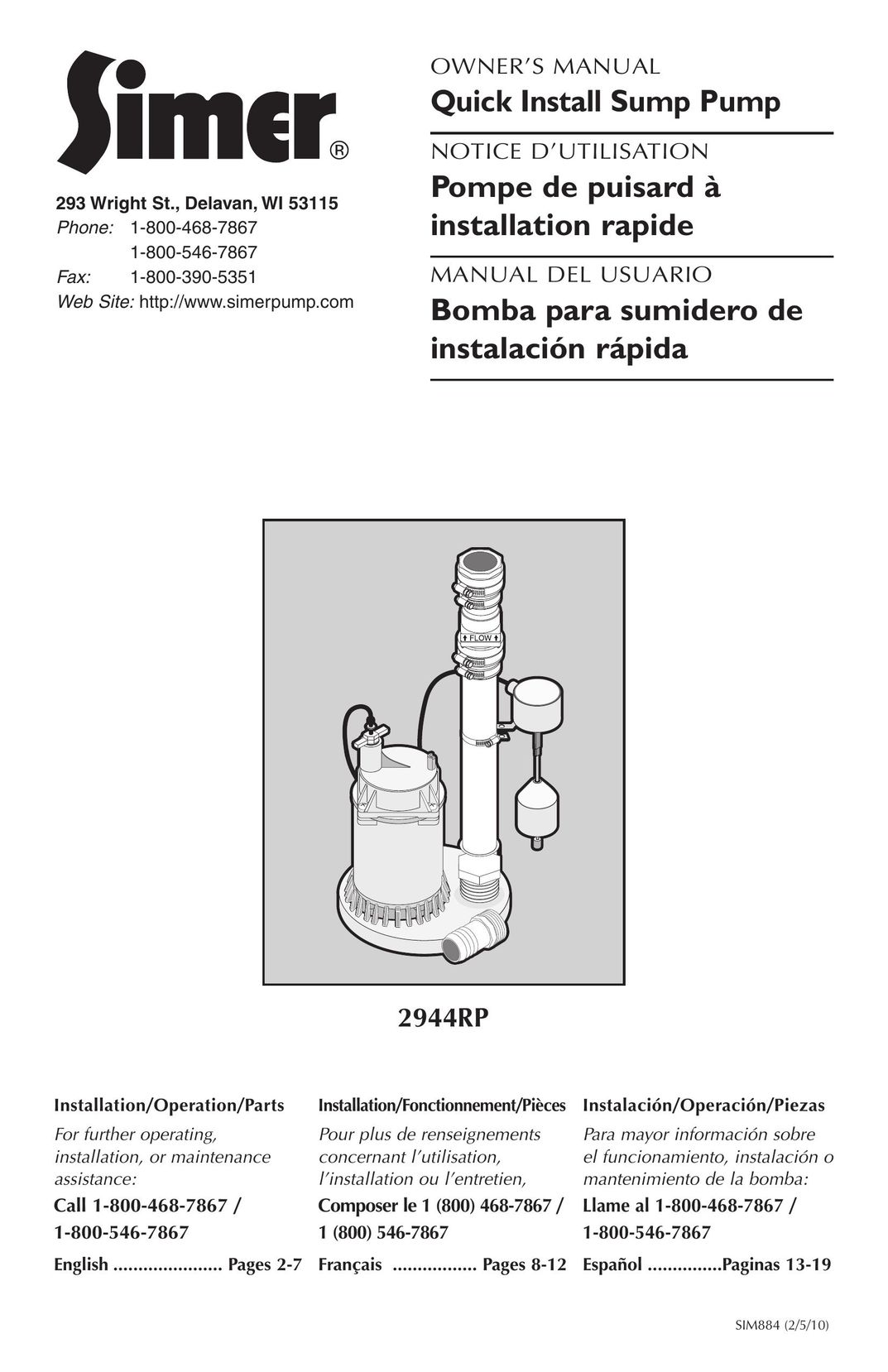 Simer Pumps 2944RP Water Pump User Manual
