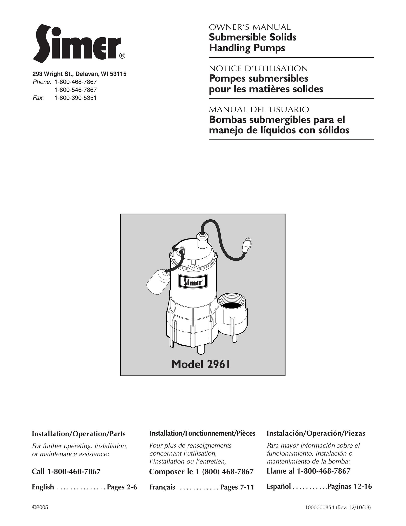 Simer Pumps 2961 Water Pump User Manual