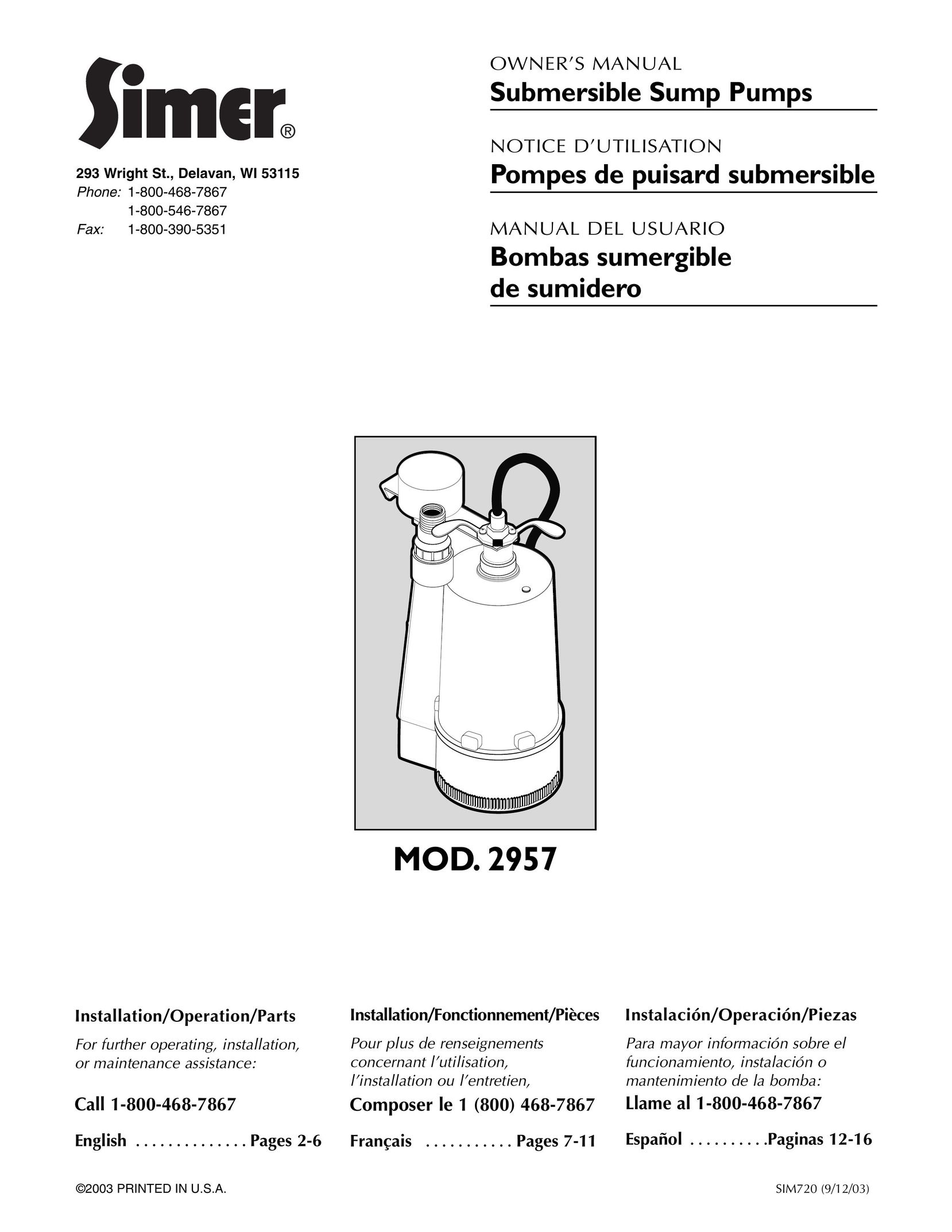 Simer Pumps 3075SS Water Pump User Manual