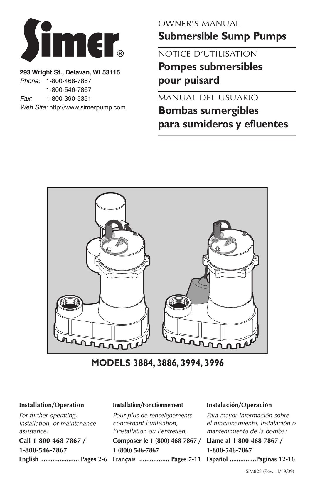 Simer Pumps 3884 Water Pump User Manual