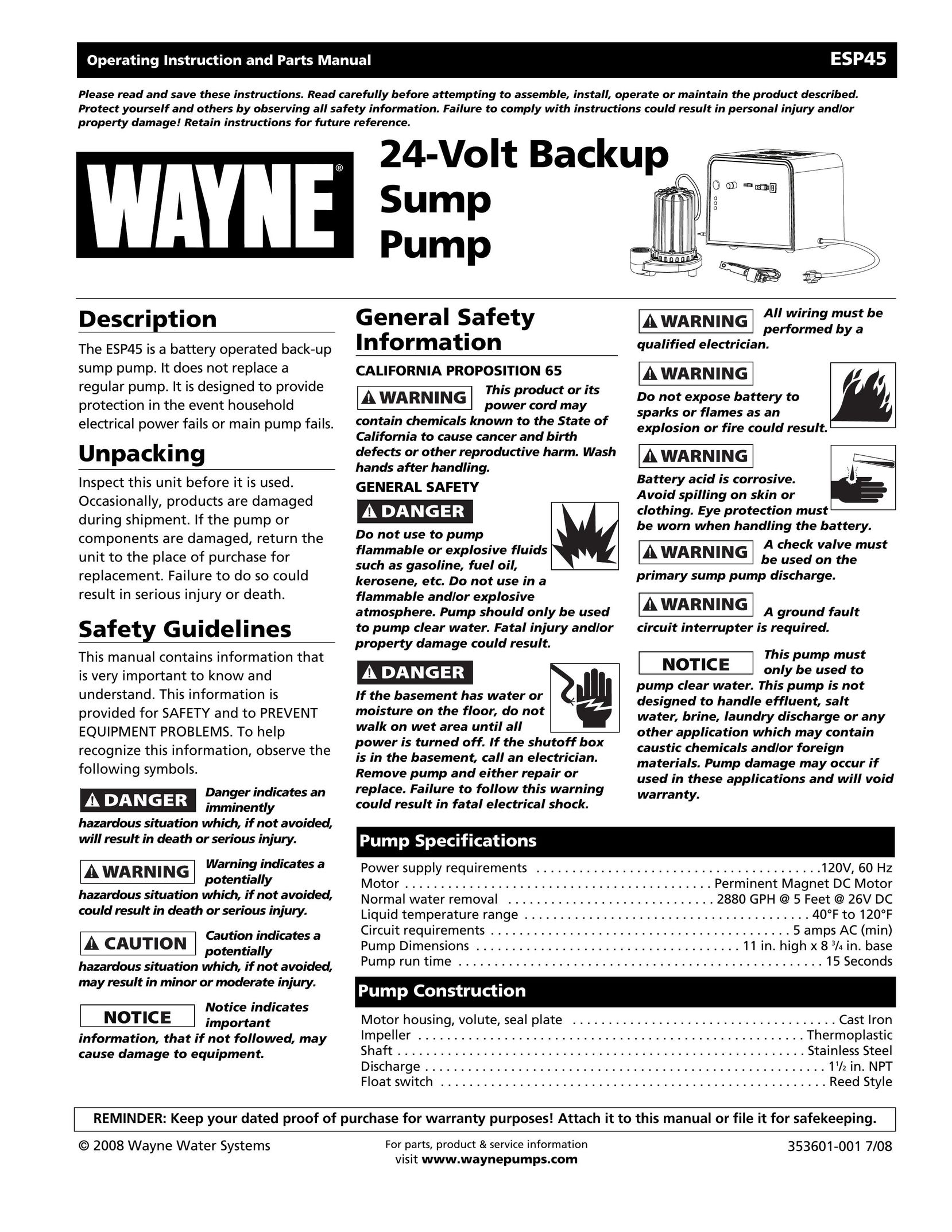 Wayne 353601-001 Water Pump User Manual