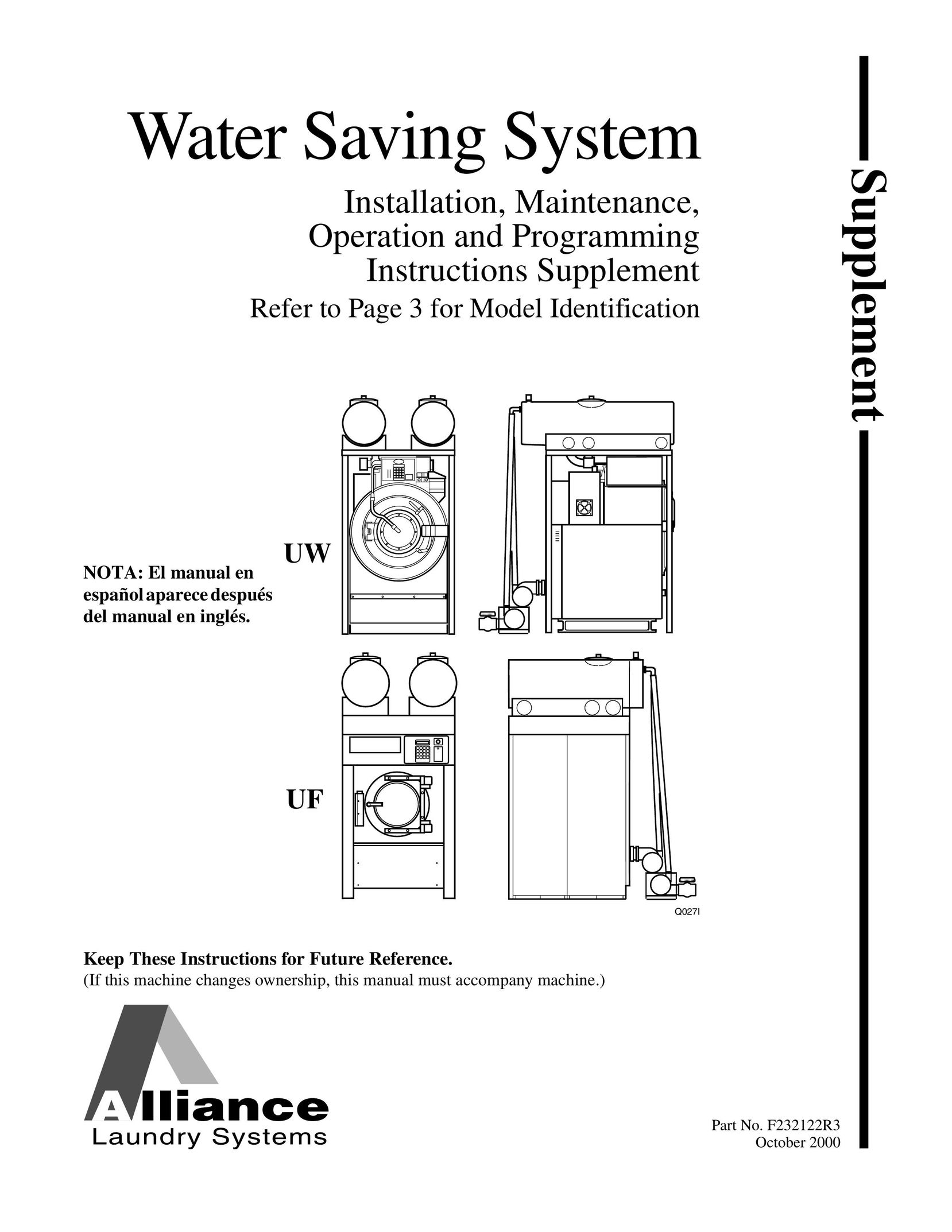 Alliance Laundry Systems F232122R3 Water System User Manual