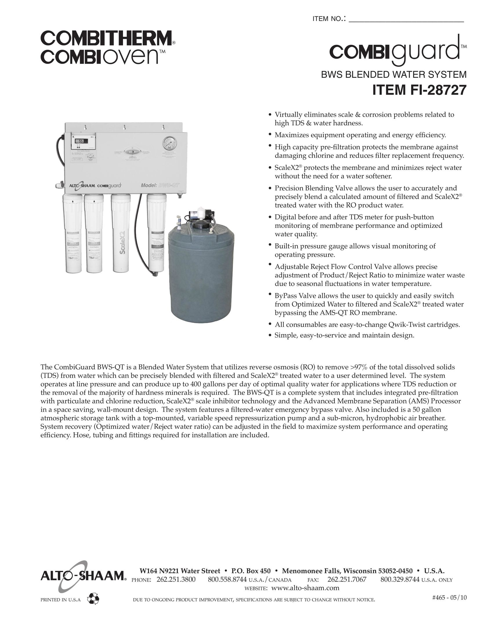 Alto-Shaam FI-28727 Water System User Manual