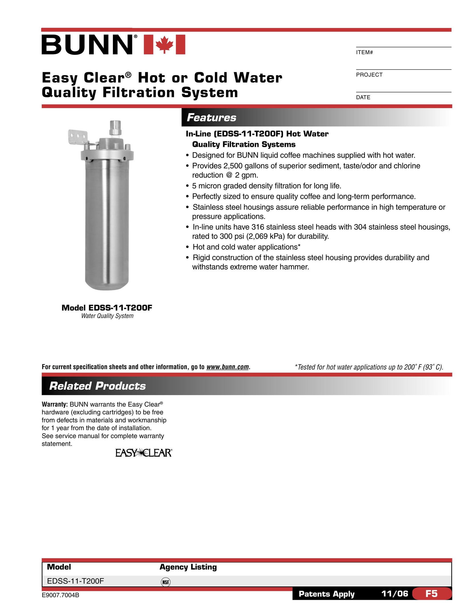 Bunn EDSS-11-T200F Water System User Manual