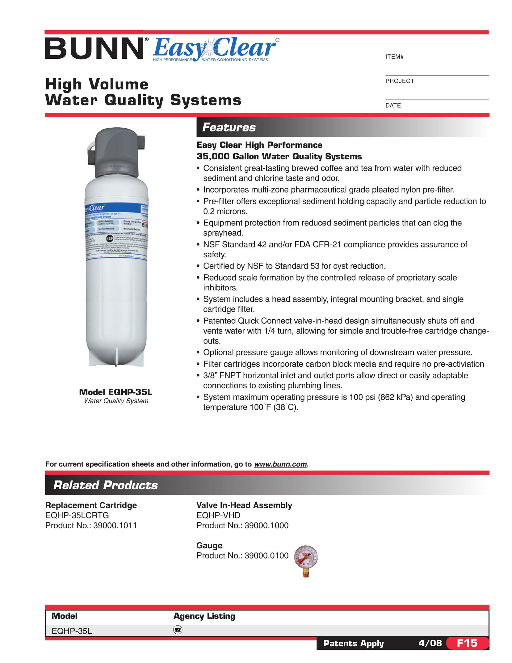Bunn EQHP-35L Water System User Manual