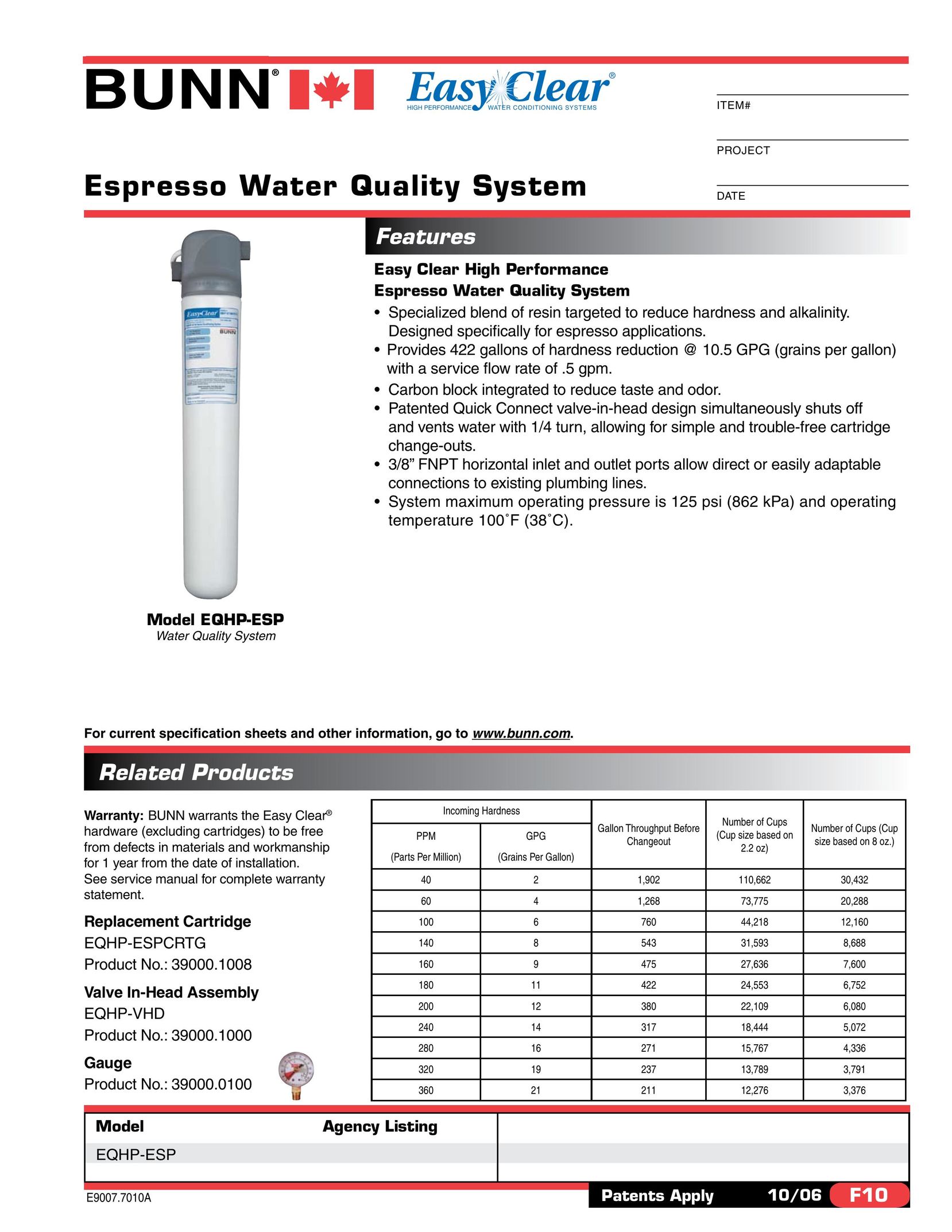 Bunn EQHP-ESP Water System User Manual