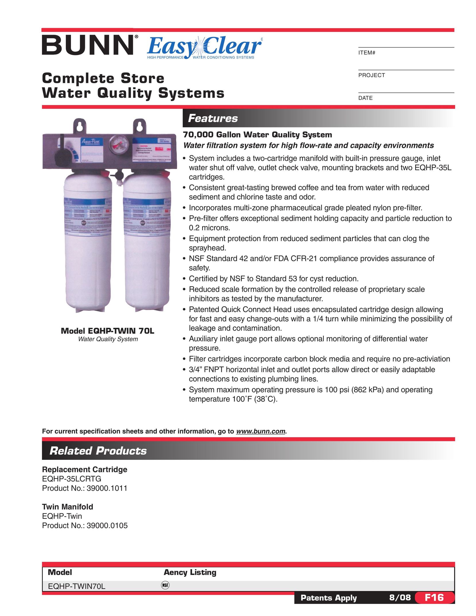 Bunn EQHP-TWIN 70L Water System User Manual
