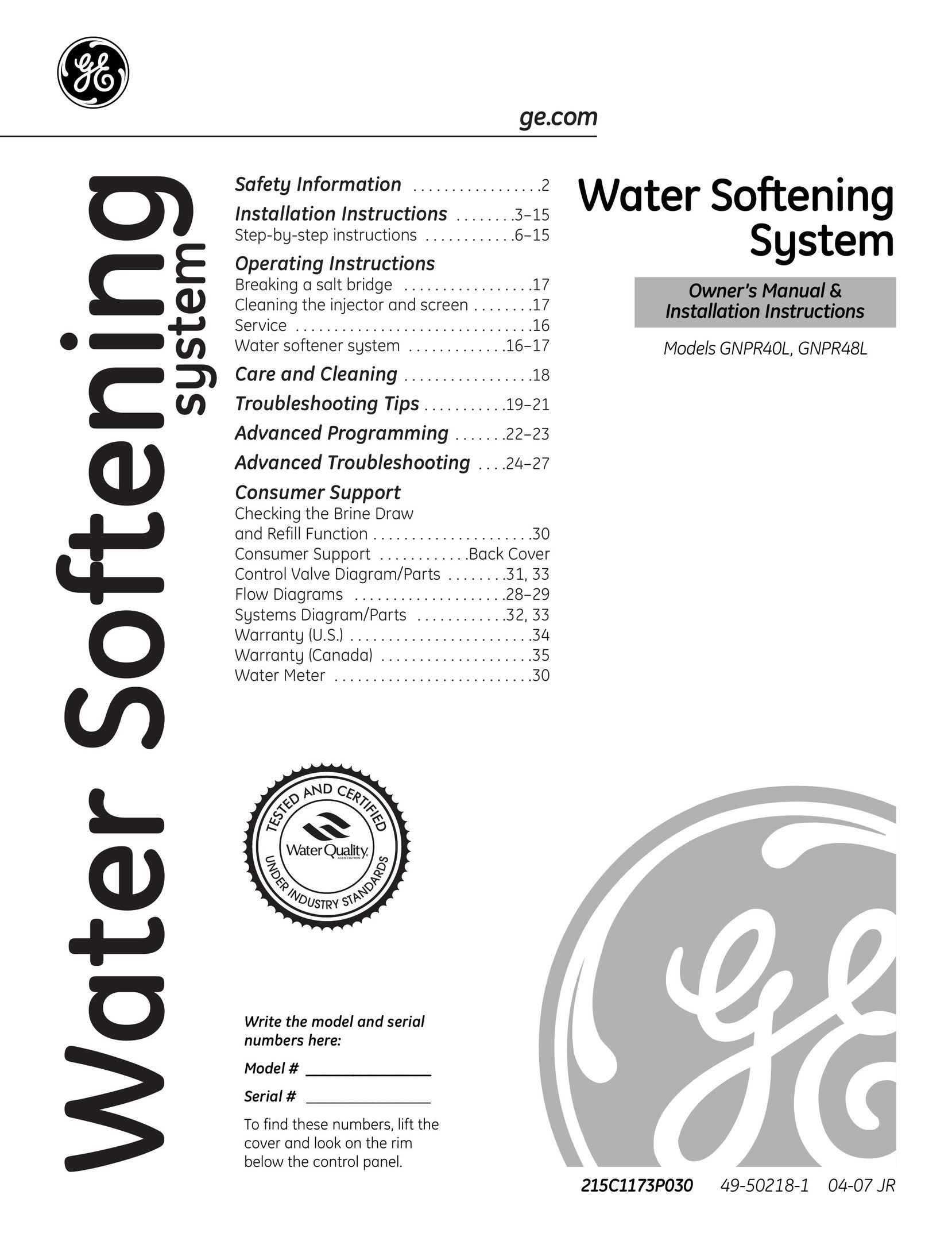 GE GNPR40L Water System User Manual