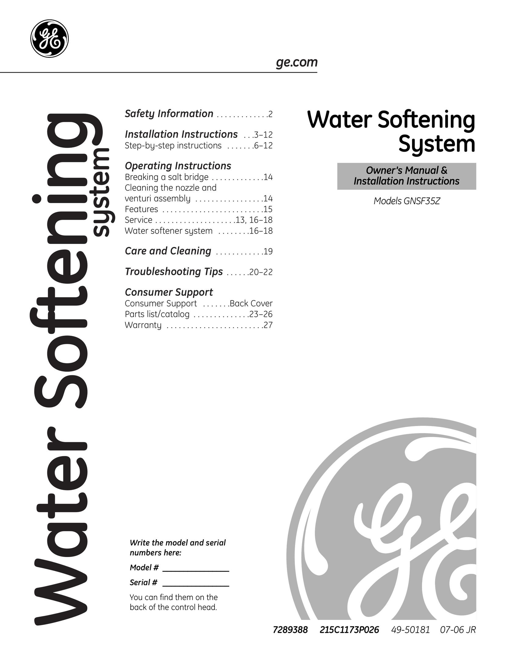 GE GNSF35Z Water System User Manual