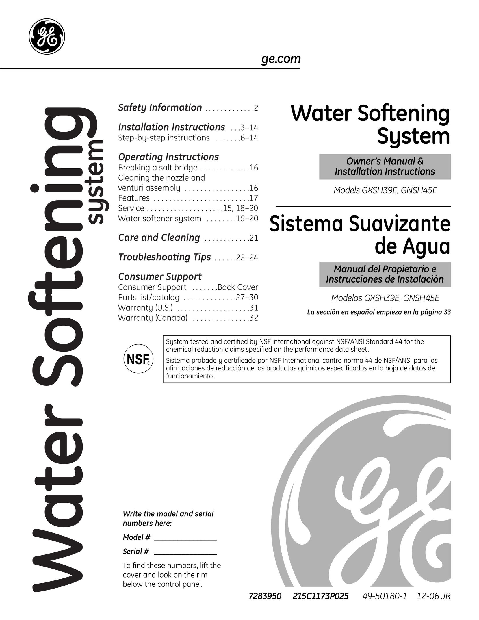 GE GNSH45E Water System User Manual