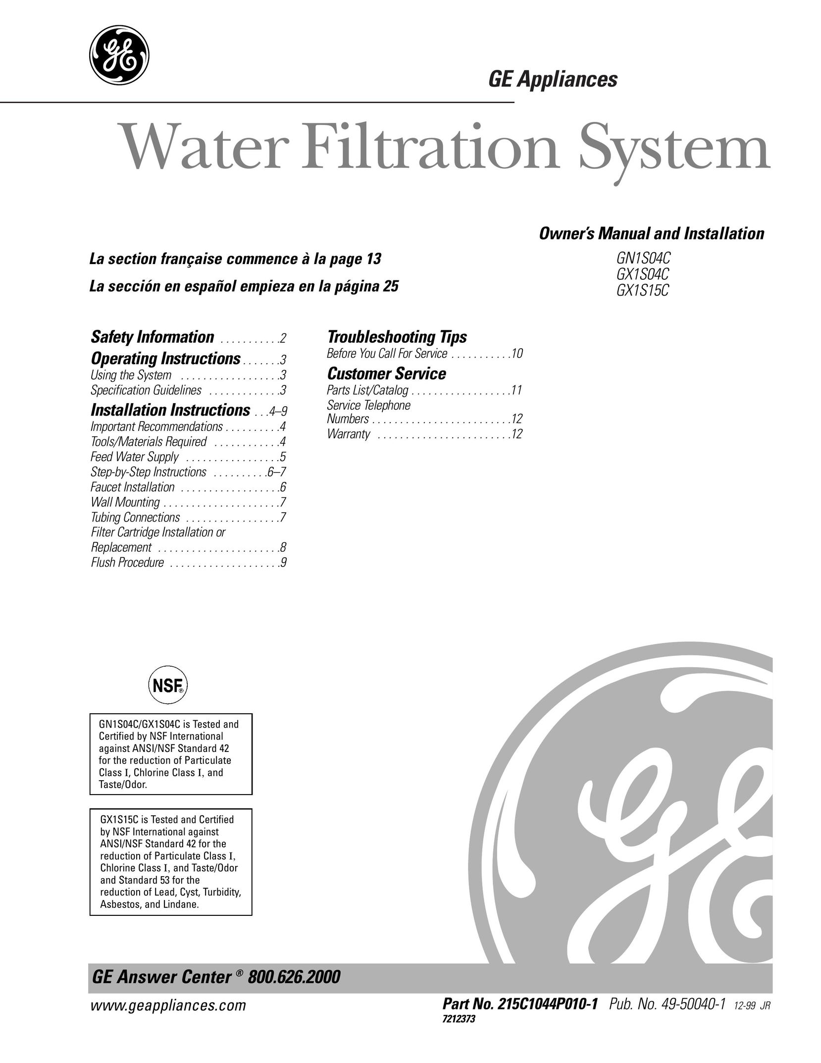 GE GX1S15C Water System User Manual