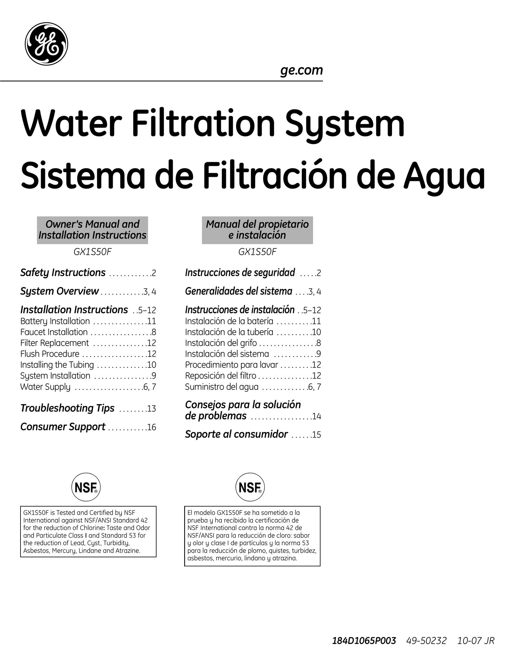 GE GX1S50F Water System User Manual