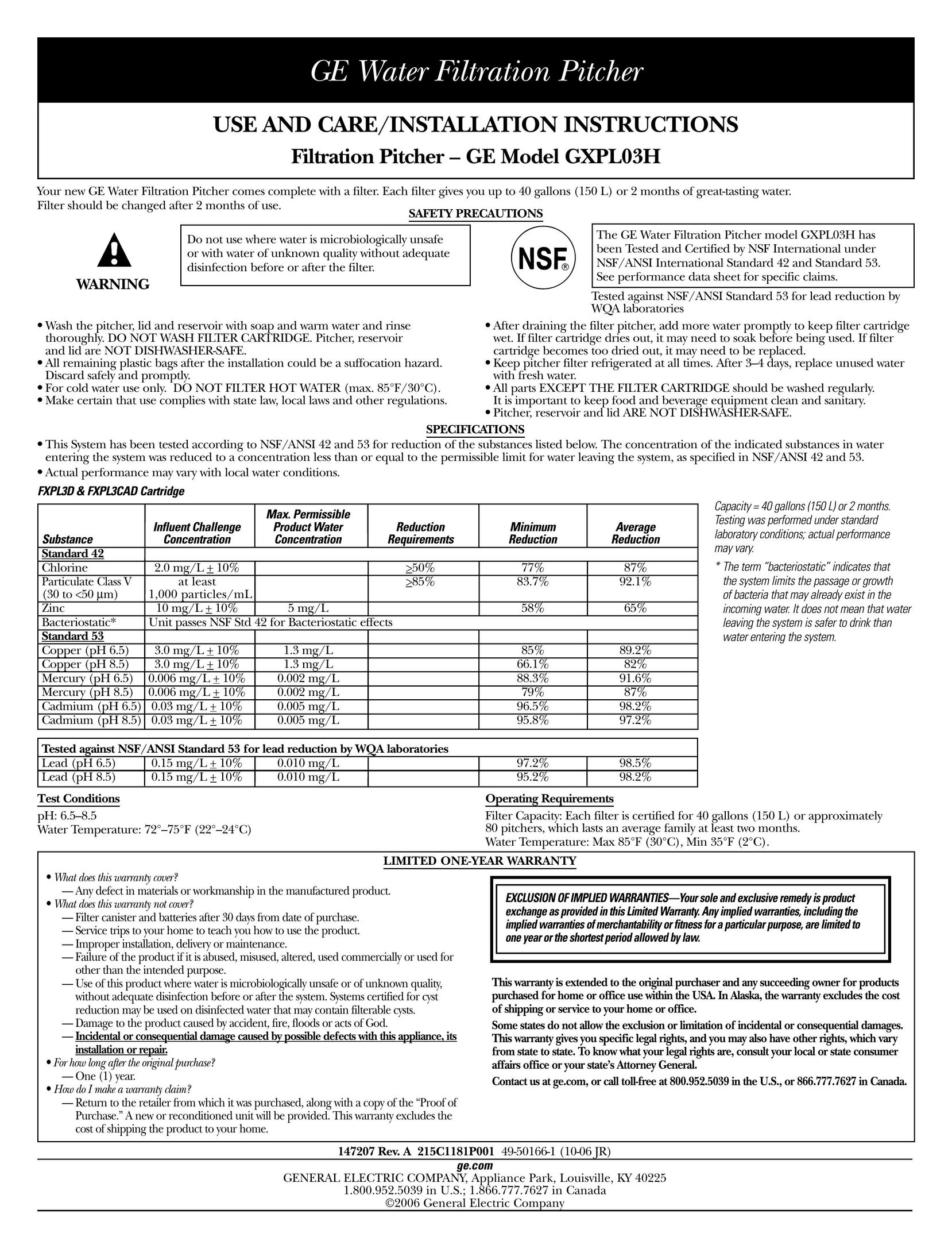 GE GXPL03H Water System User Manual