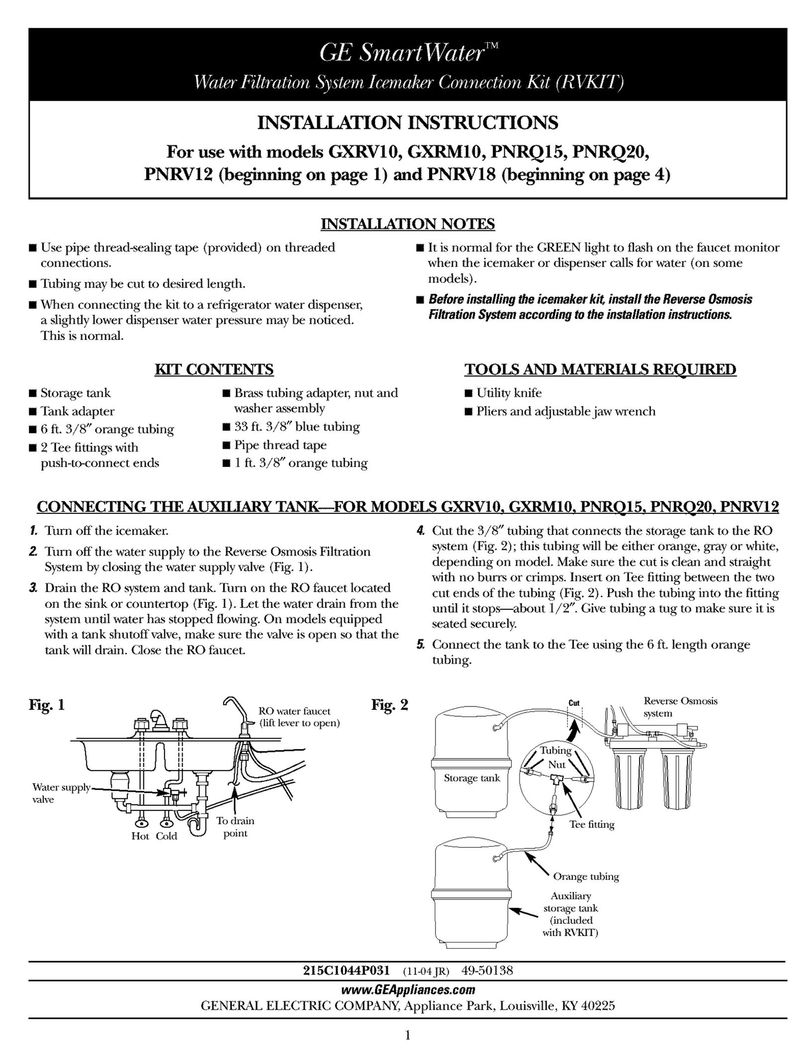 GE GXRV10 Water System User Manual