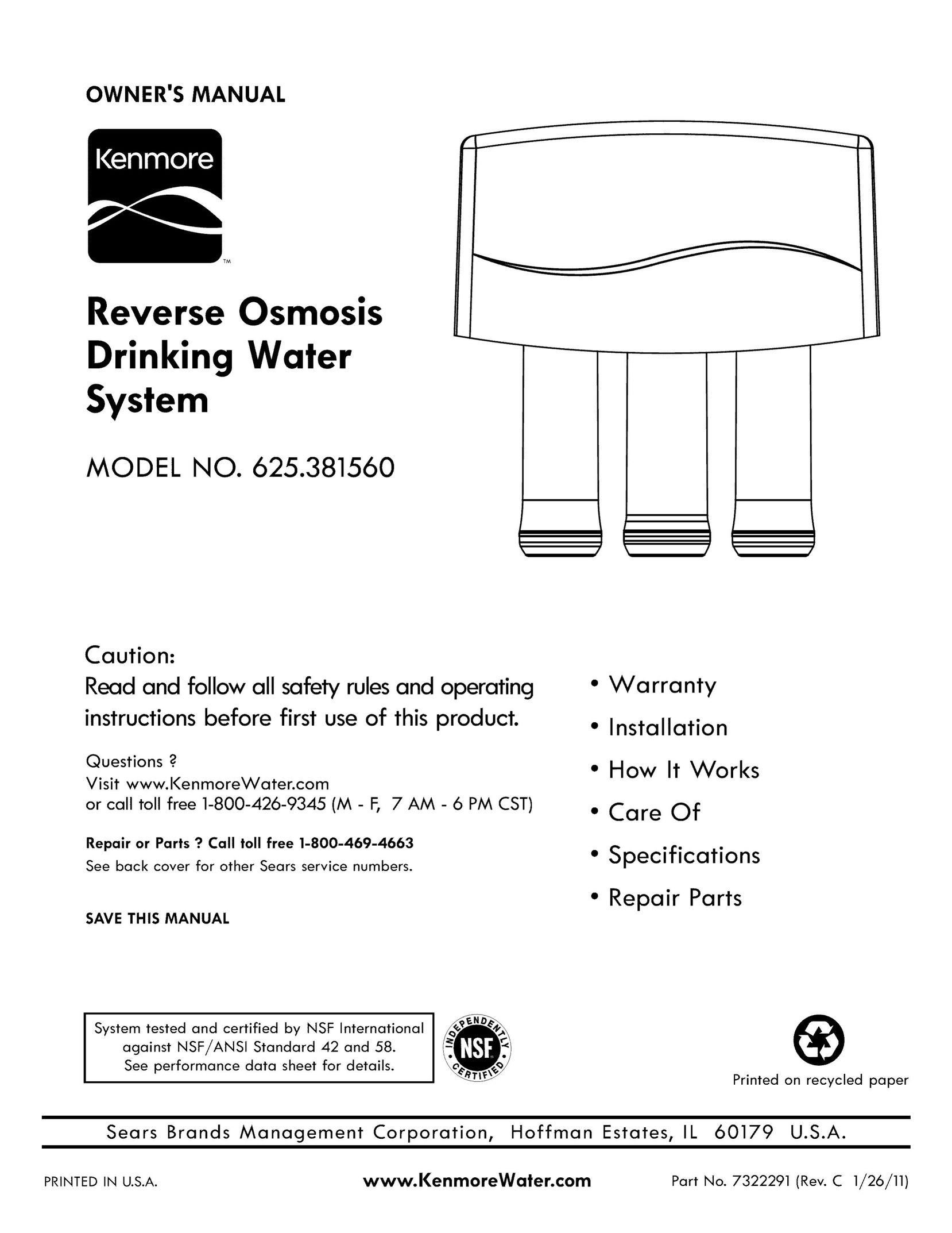 Kenmore 625.38156 Water System User Manual