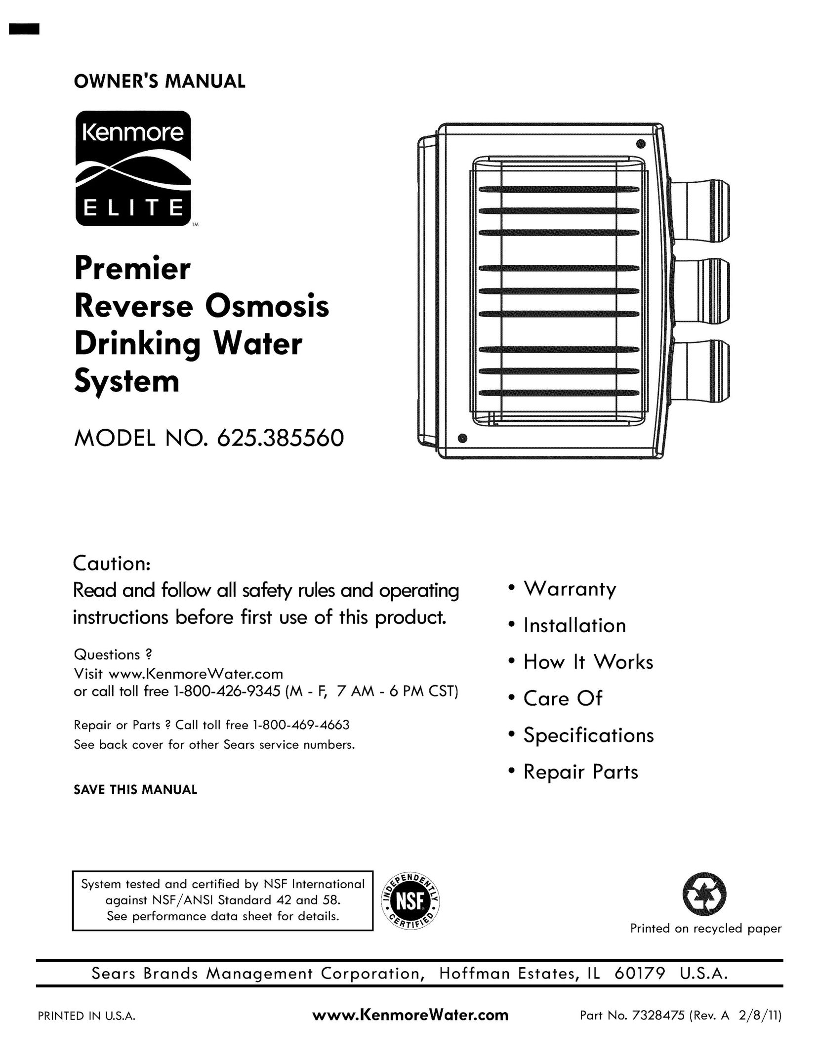 Kenmore 625.38556 Water System User Manual