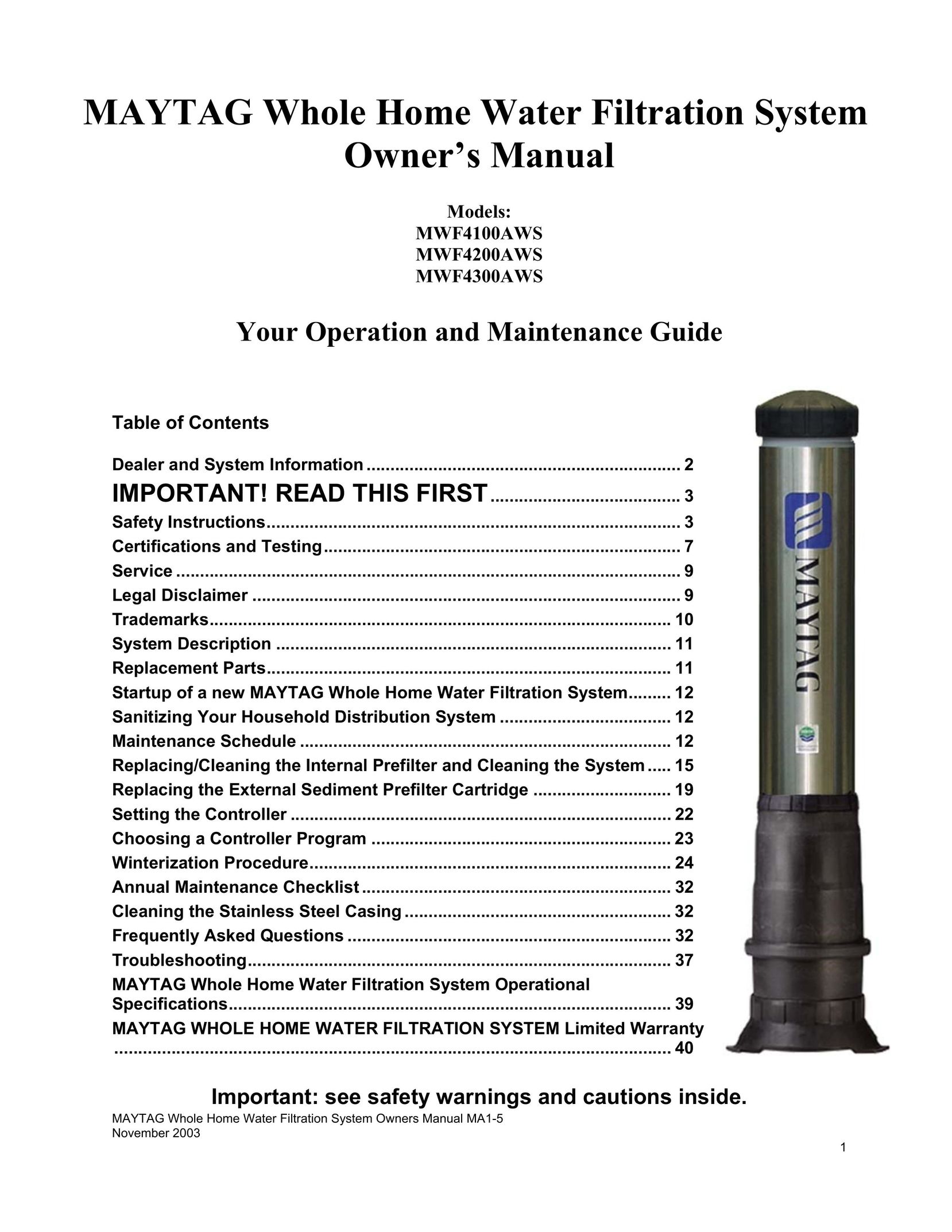 Maytag mwf4100aws Water System User Manual