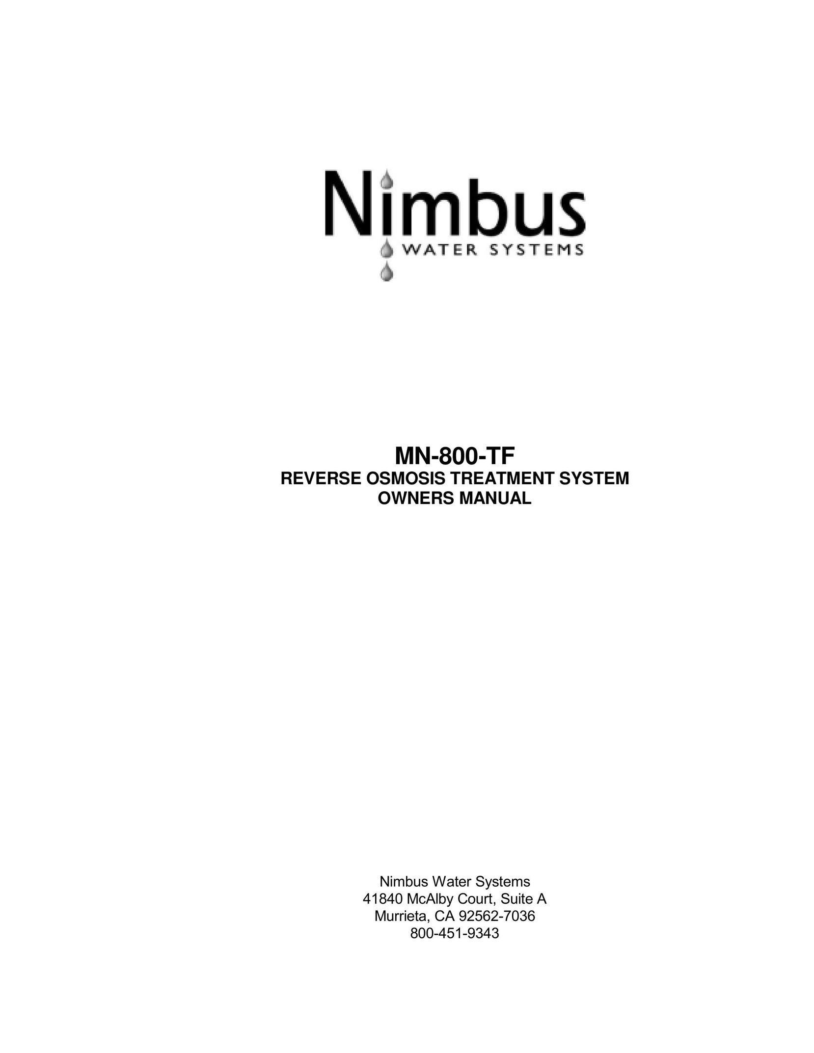 Nimbus Water Systems MN-800-TF Water System User Manual