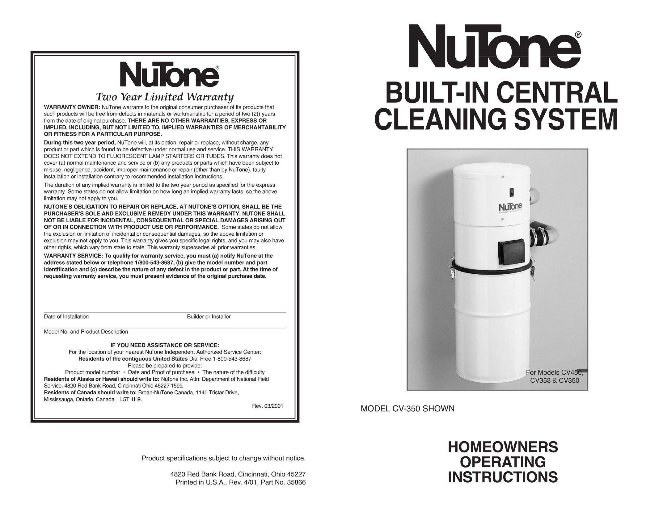 NuTone CV353 Water System User Manual