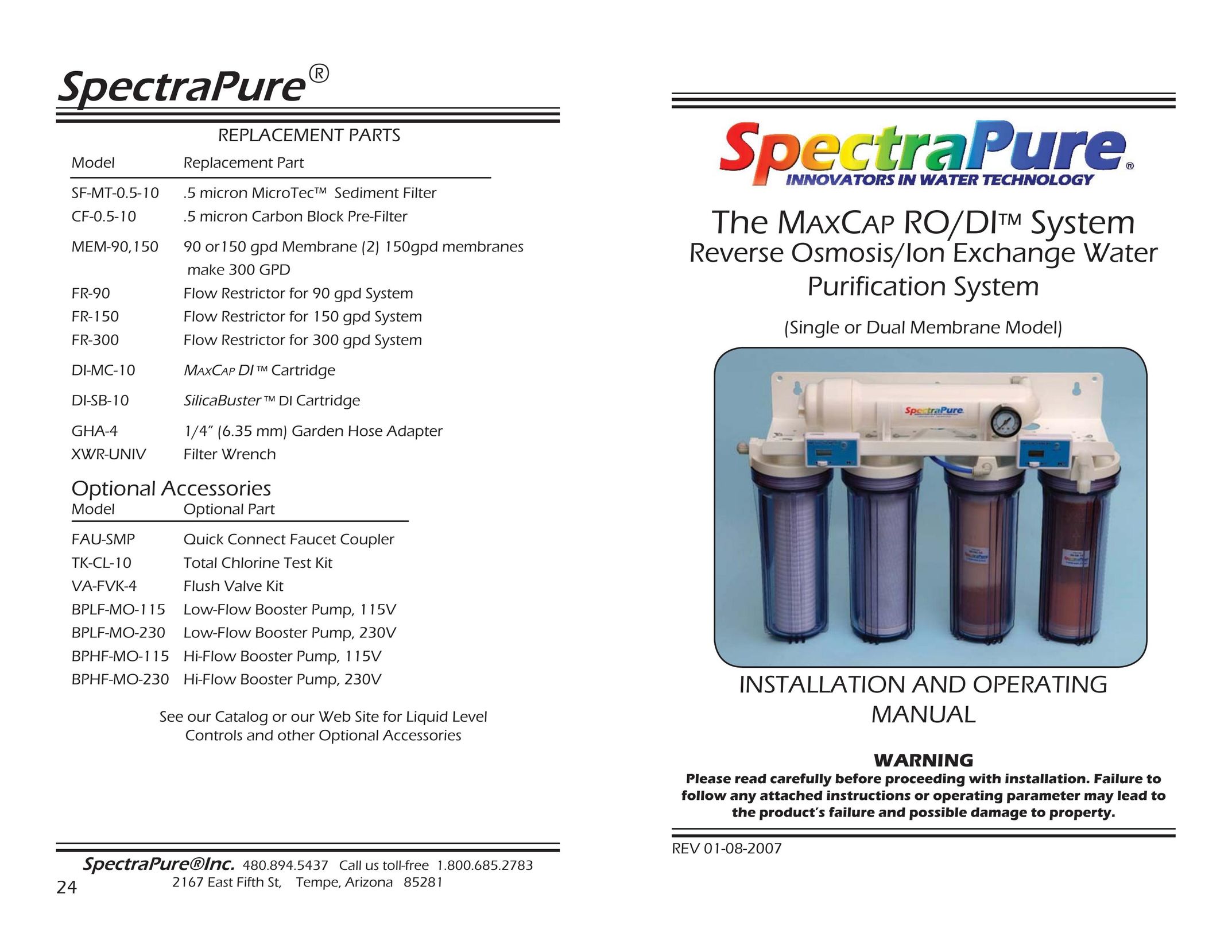 Spectra Watermakers SF-MT-0.5-10 Water System User Manual