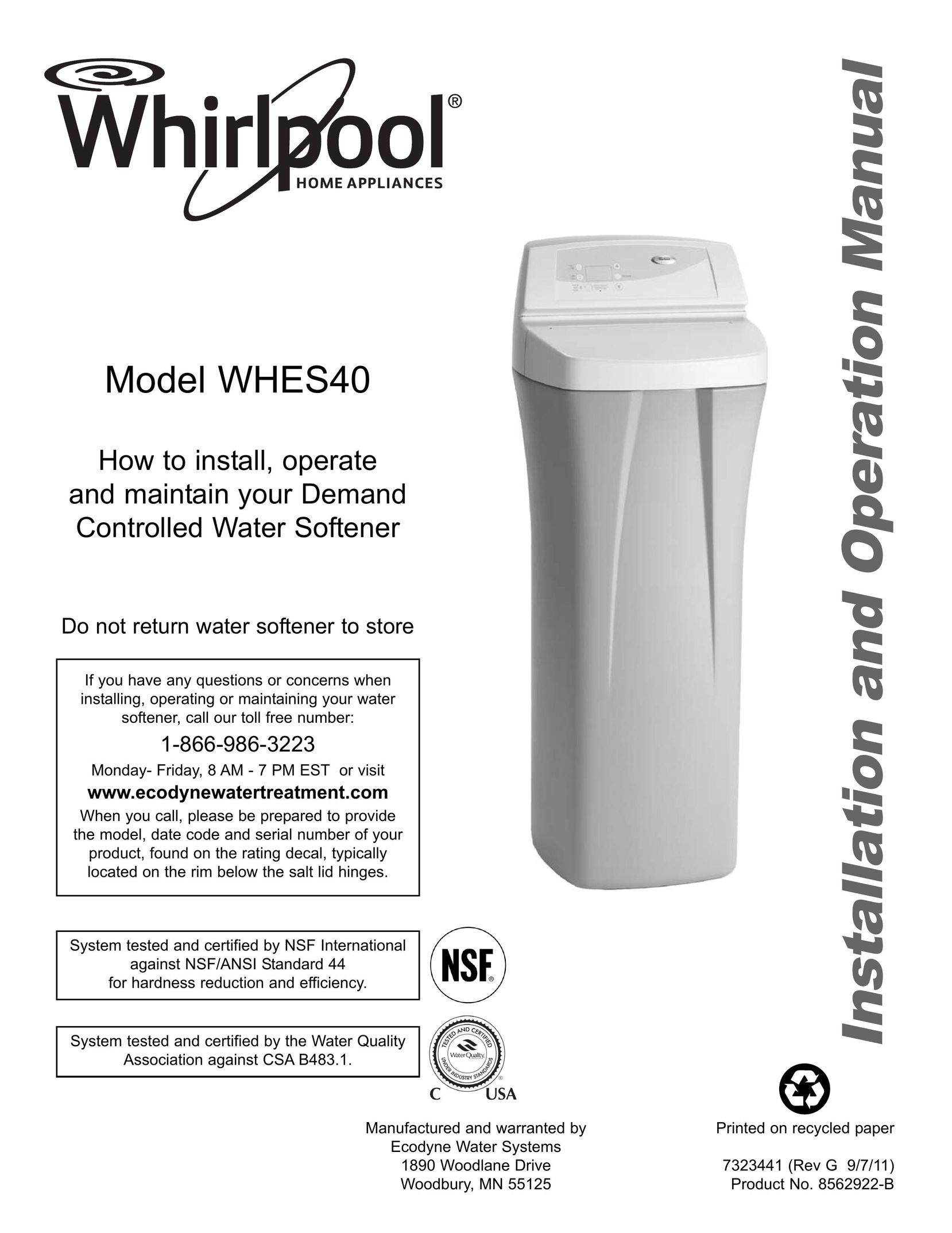 Whirlpool WHES40 Water System User Manual