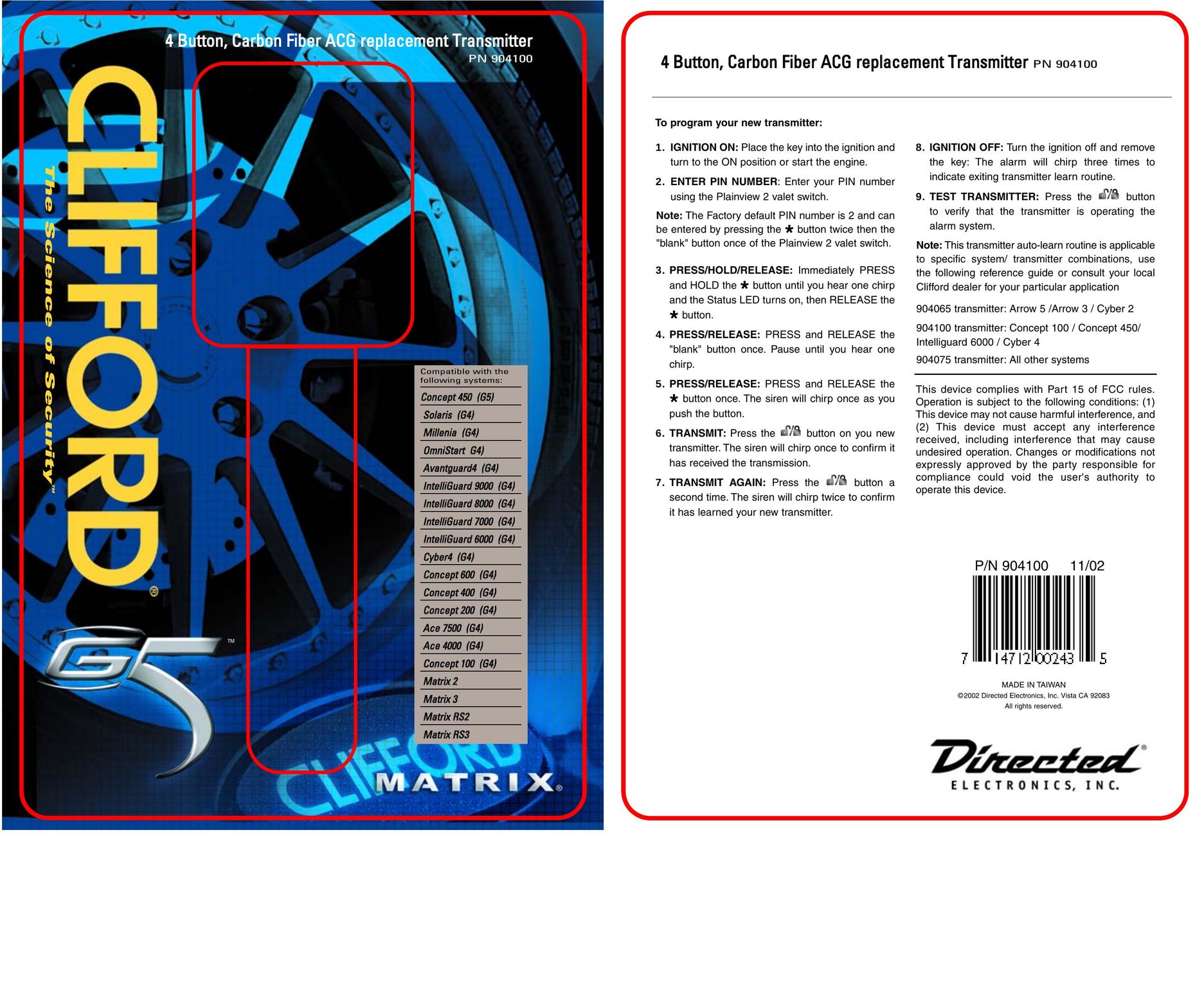 Directed Electronics PN 904100 Window User Manual