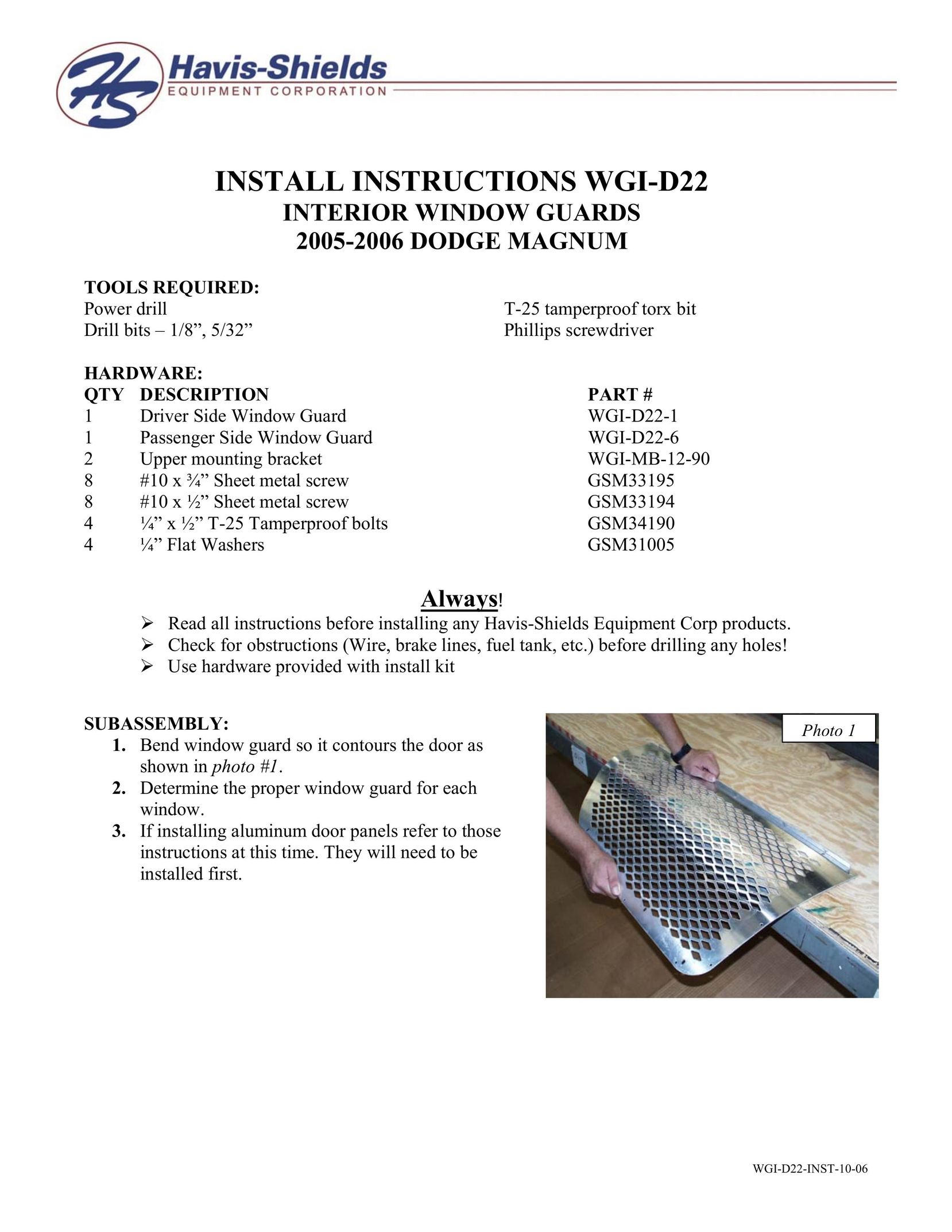 Havis-Shields WGI-D22 Window User Manual