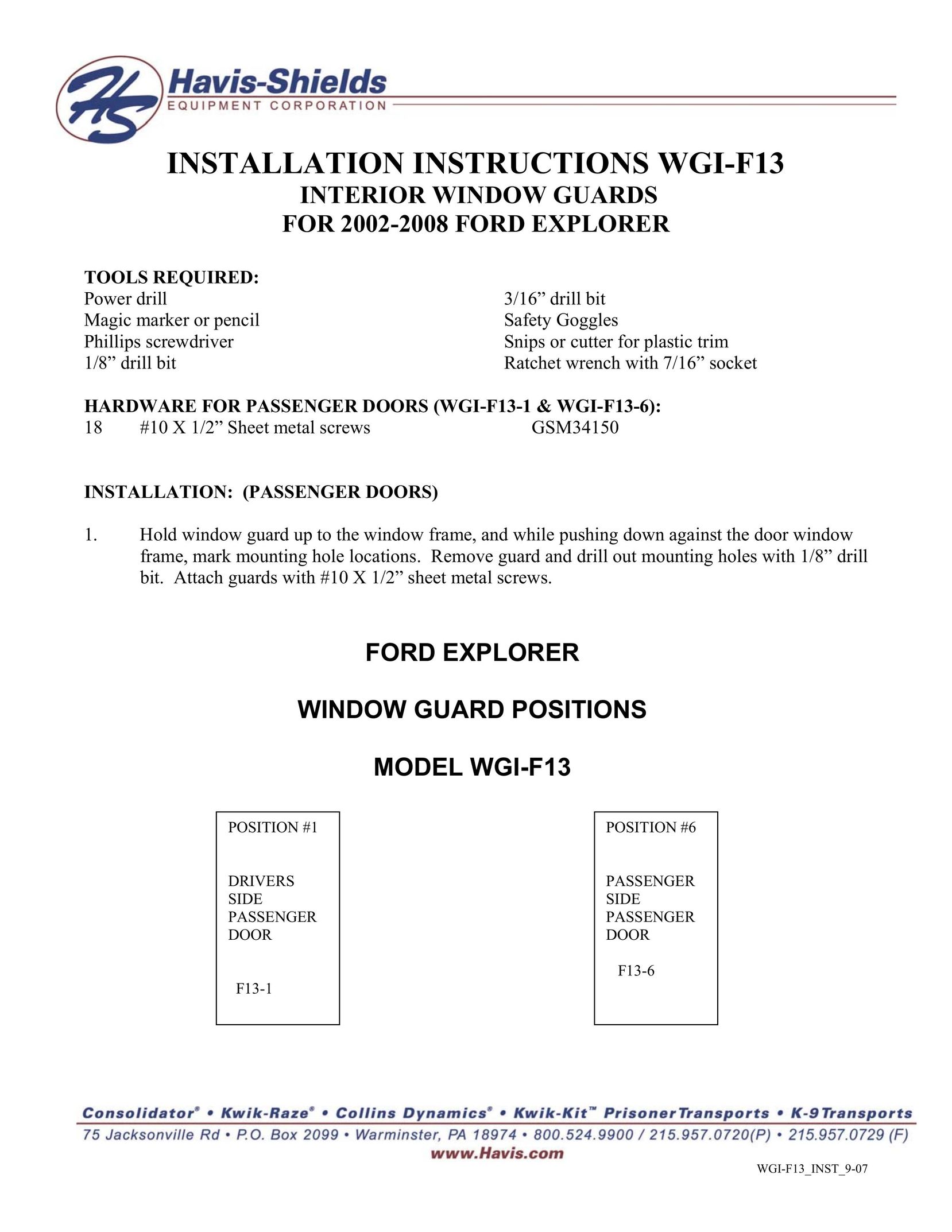 Havis-Shields WGI-F13 Window User Manual