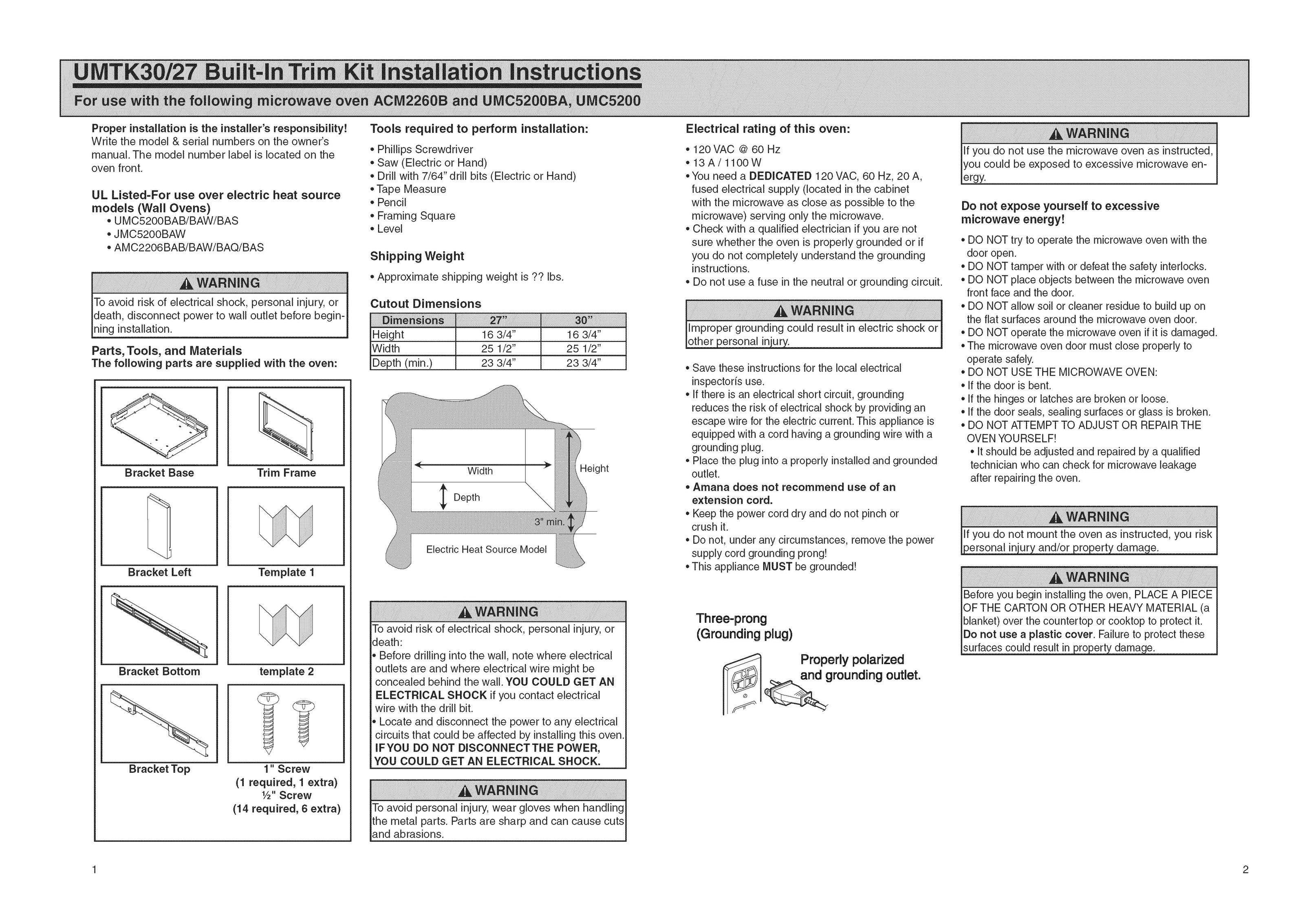 Amana UMTK30 Appliance Trim Kit User Manual