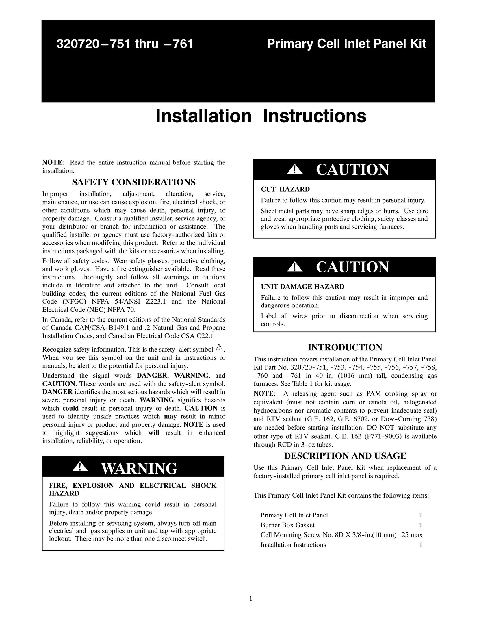 Carrier 320720---751 THRU ---761 Appliance Trim Kit User Manual