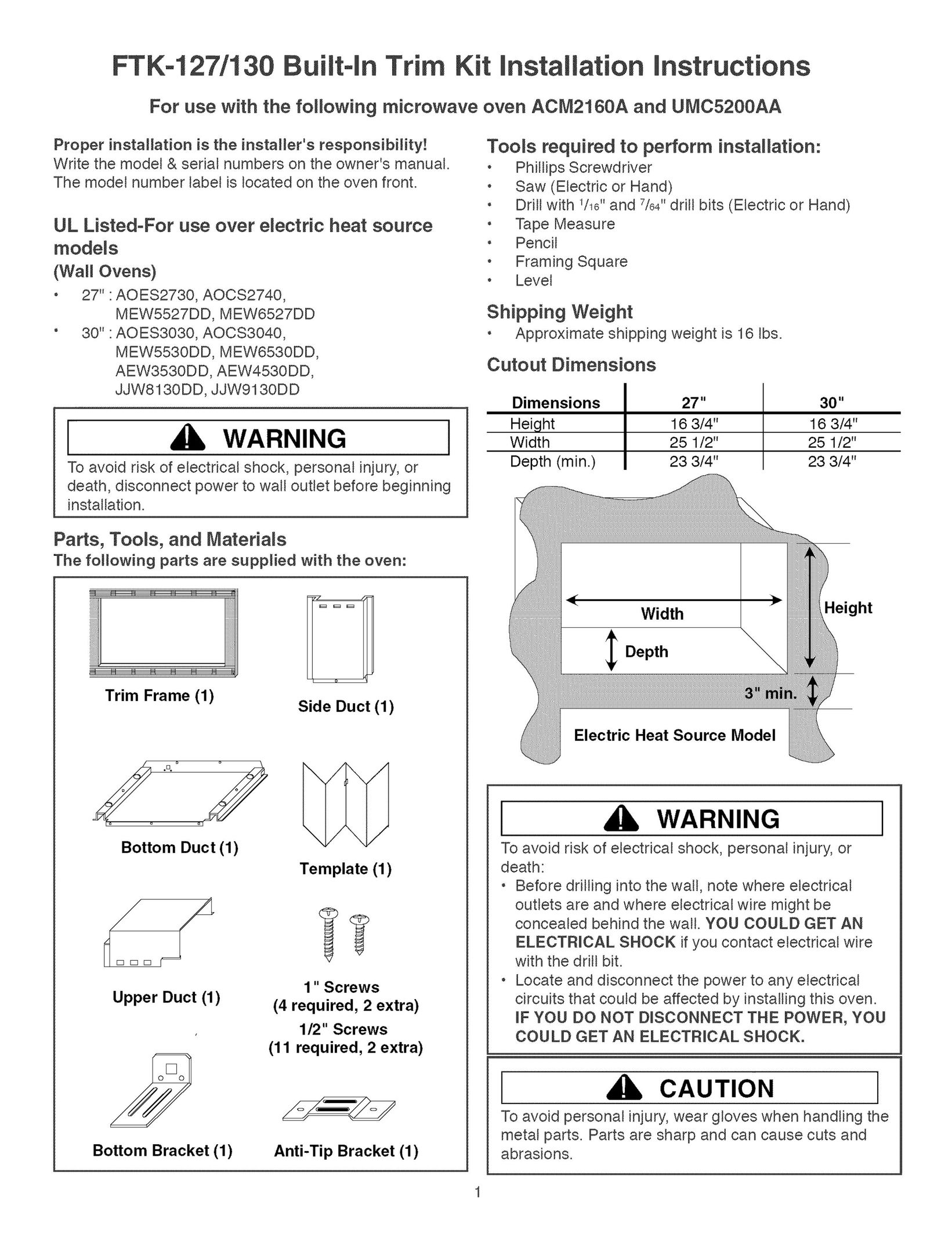 Sears FTK-130 Appliance Trim Kit User Manual