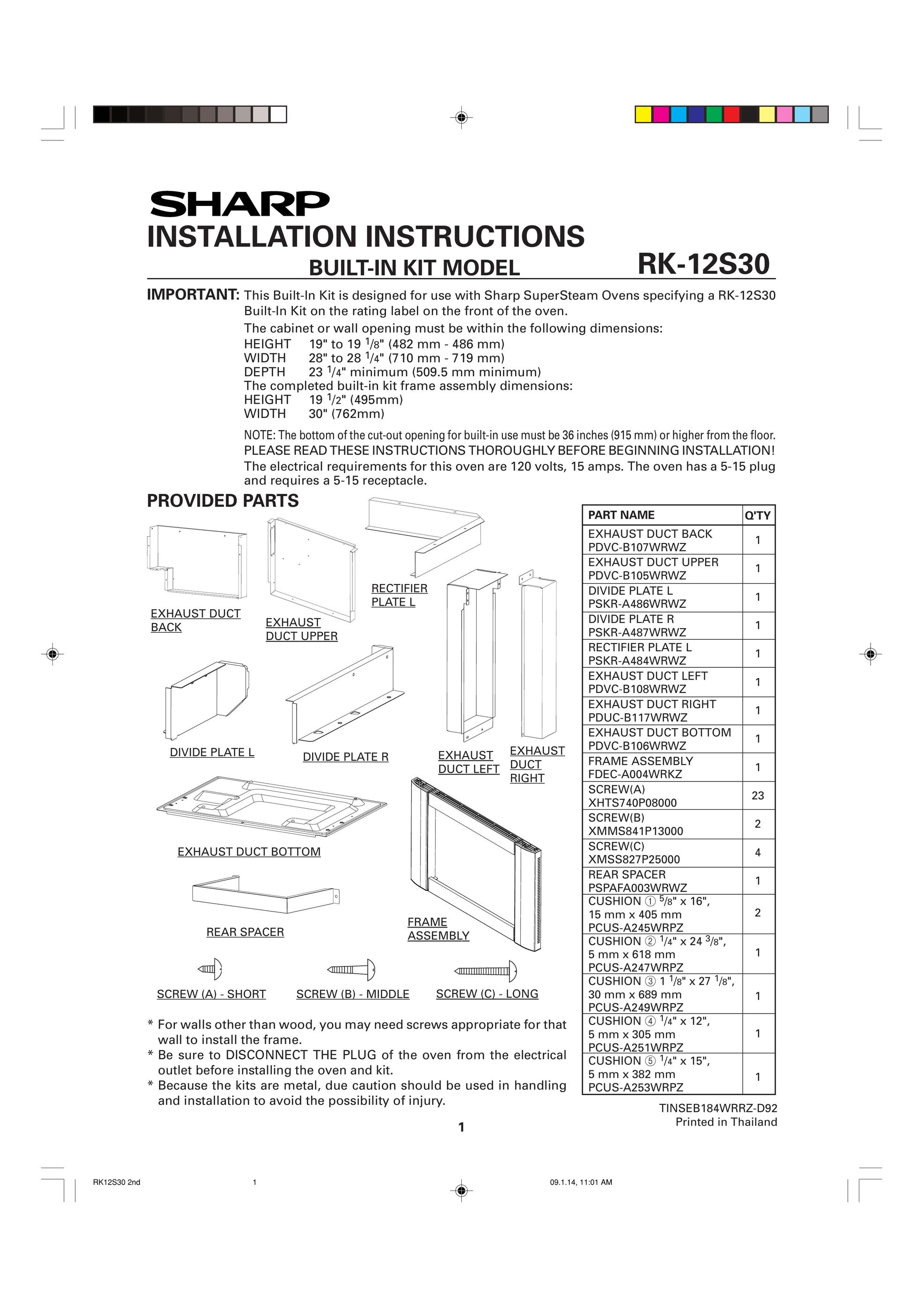 Sharp RK-12S30 Appliance Trim Kit User Manual
