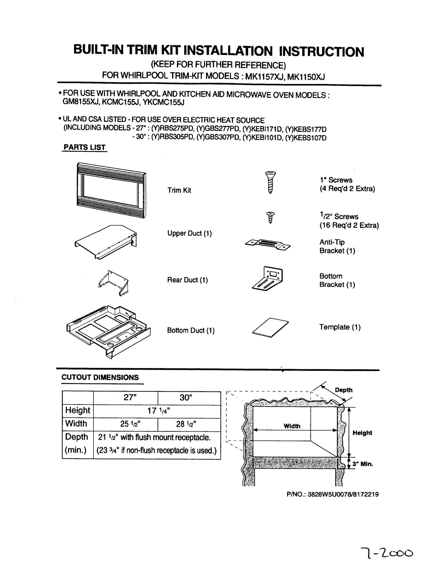 Whirlpool MK1150XJ Appliance Trim Kit User Manual