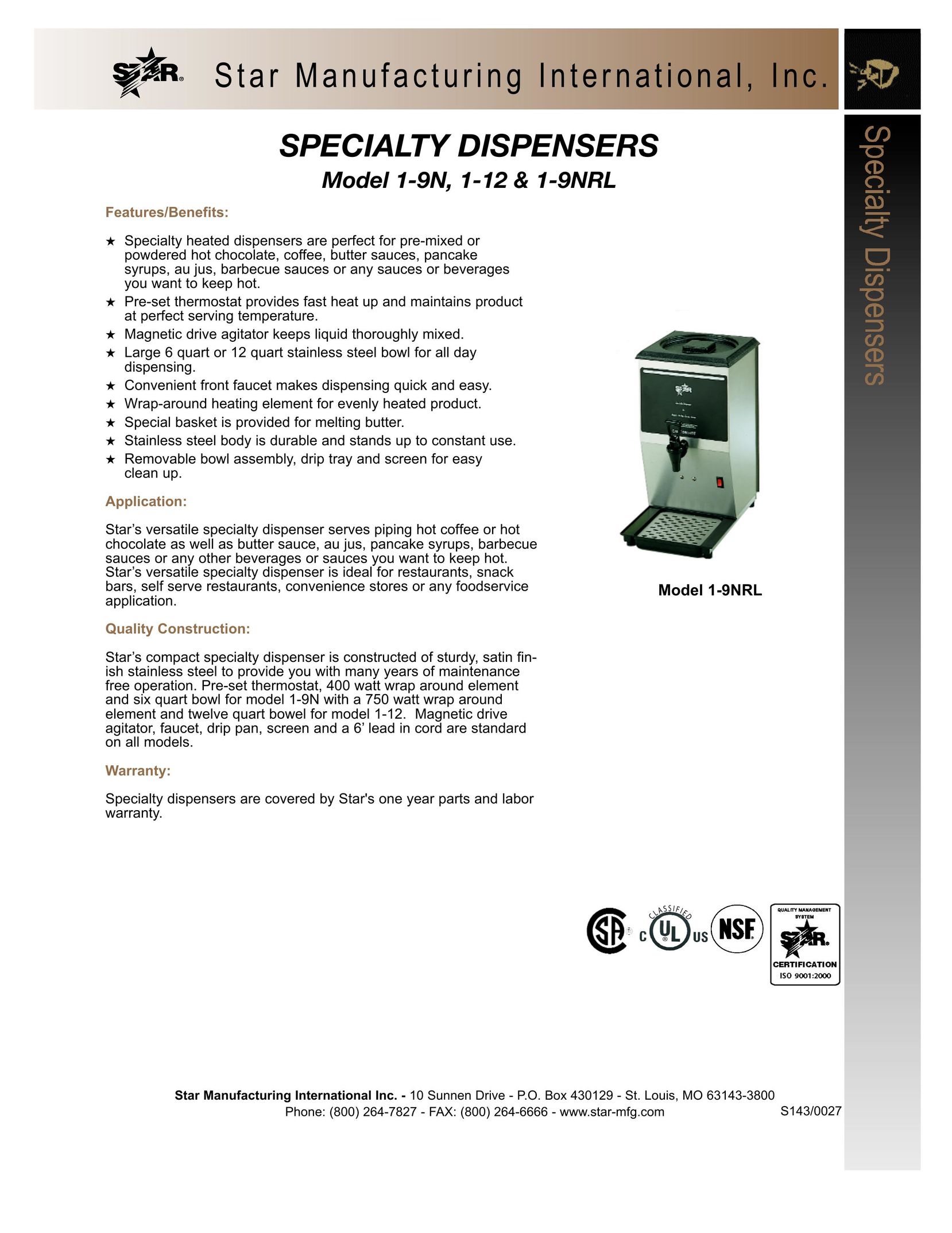 Star Manufacturing 1-9NRL Beverage Dispenser User Manual