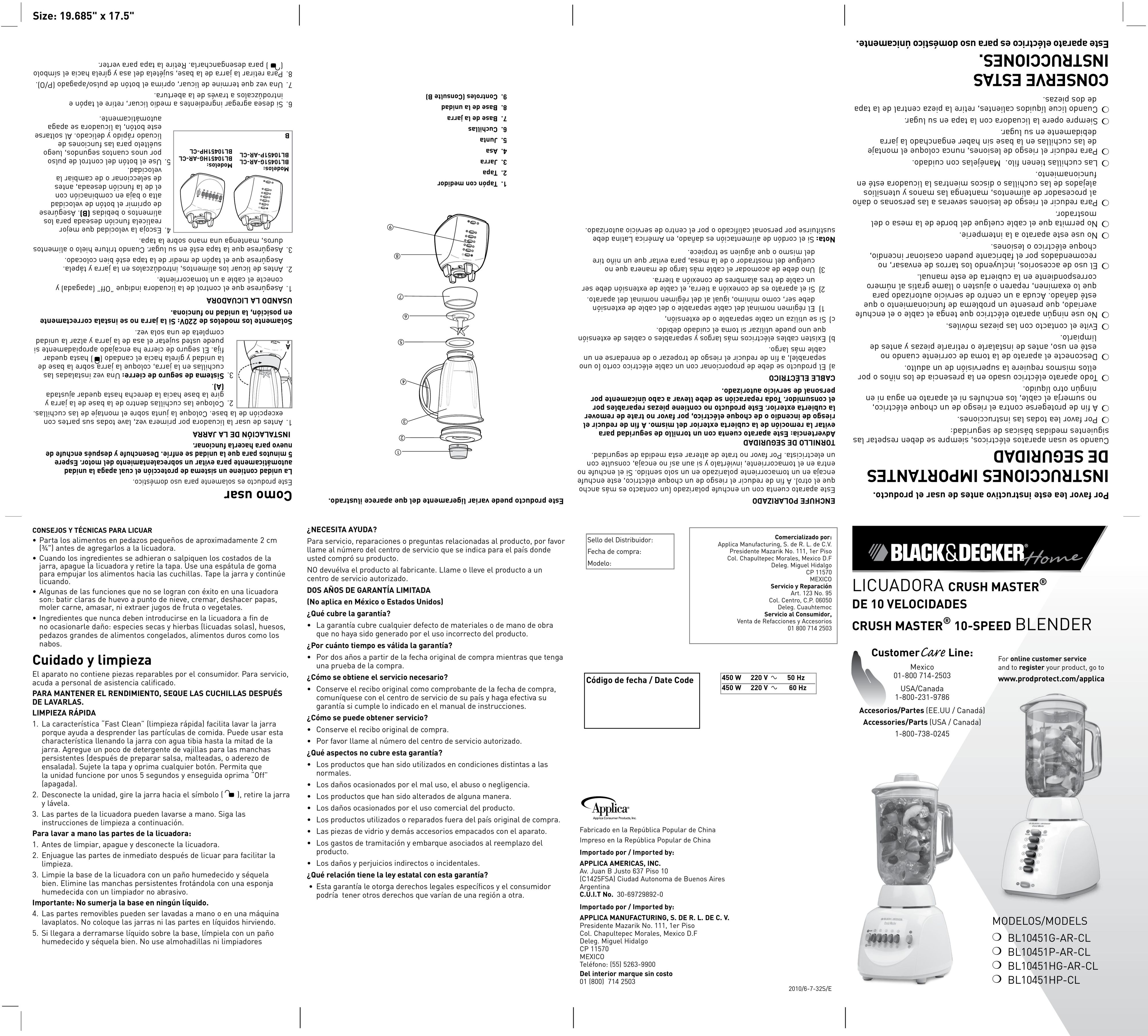 Black & Decker BL10451G-AR-CL Blender User Manual