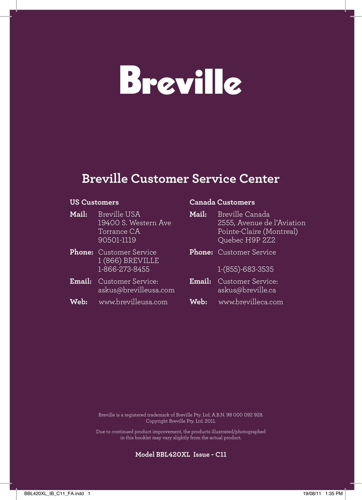 Breville BBL420XL Blender User Manual