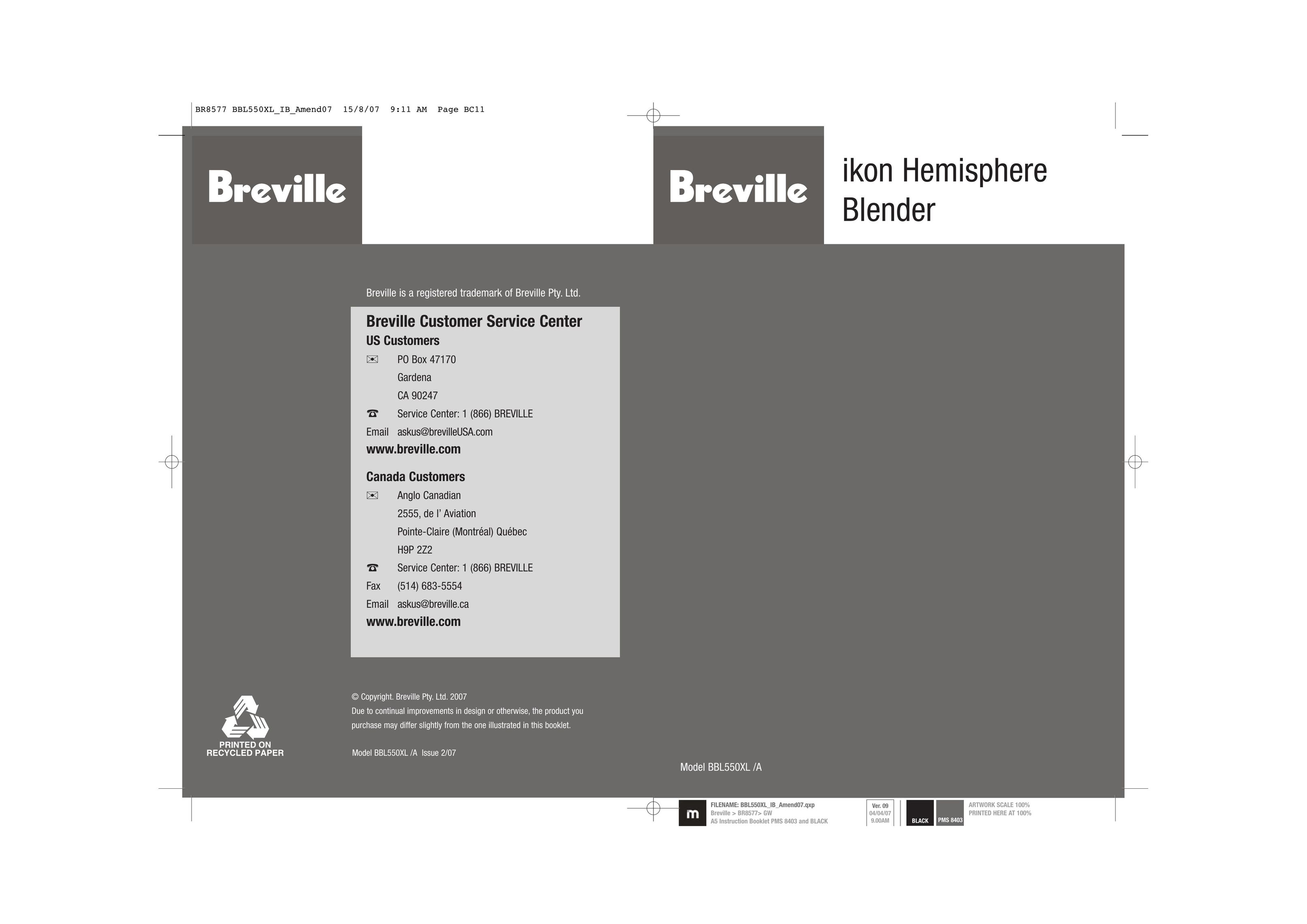 Breville BBL550XL /A Blender User Manual