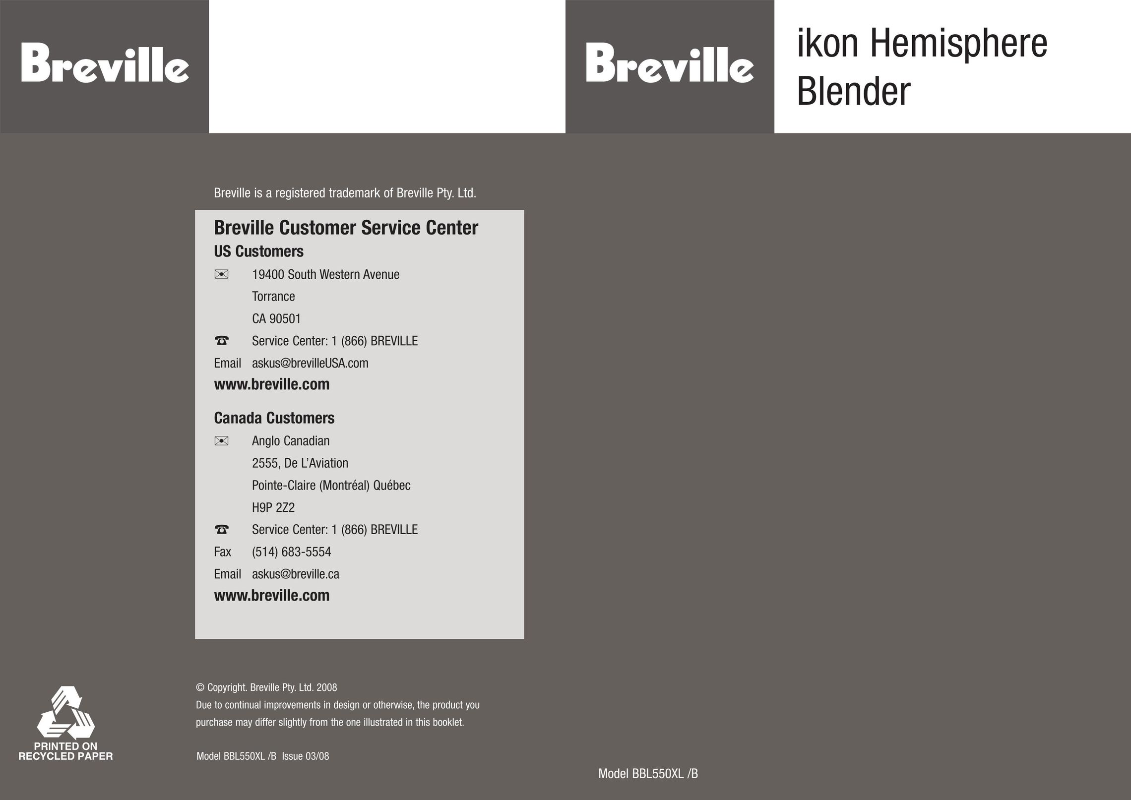 Breville BBL550XL /B Blender User Manual