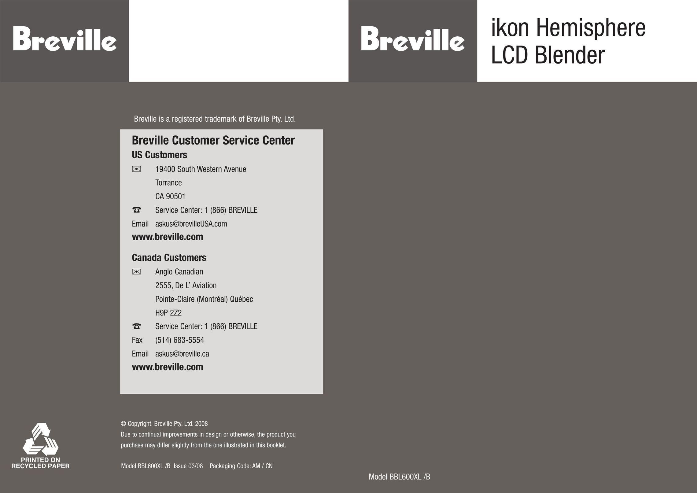 Breville BBL600XL Blender User Manual