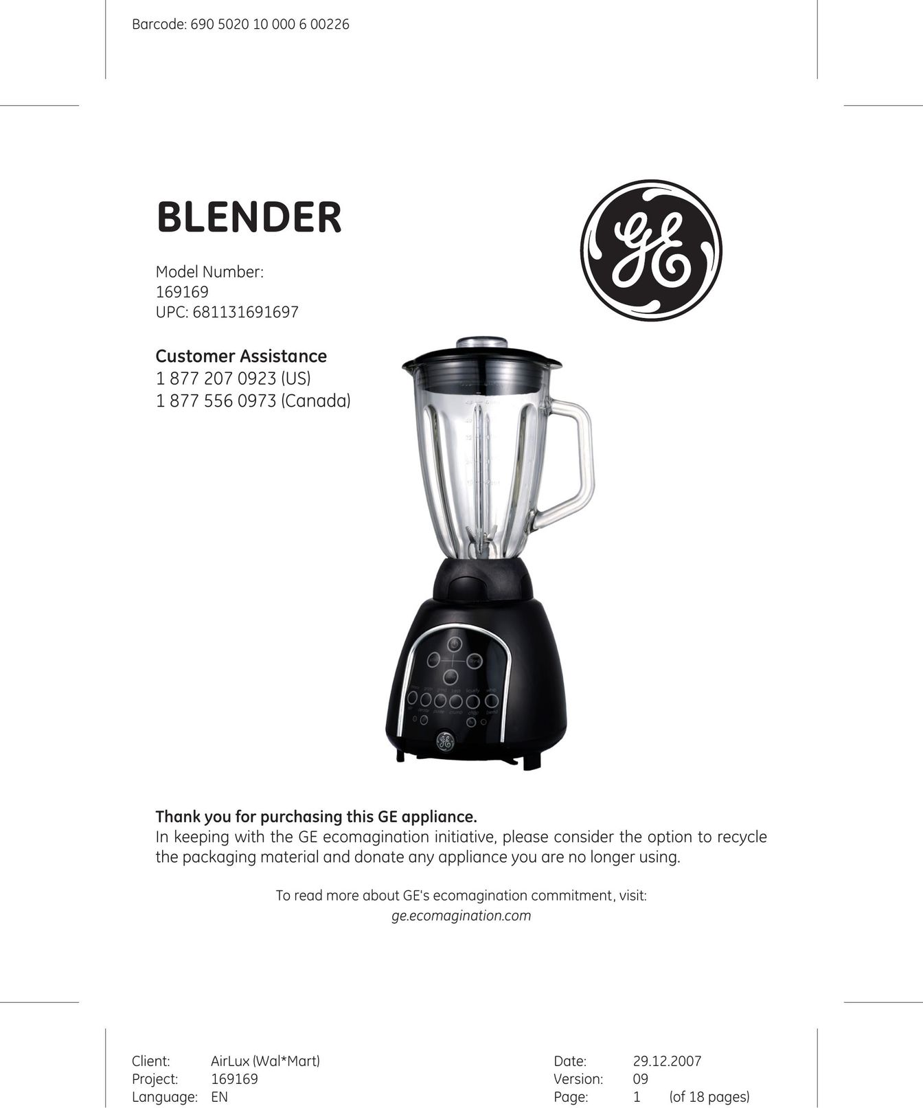 GE 169175 Blender User Manual