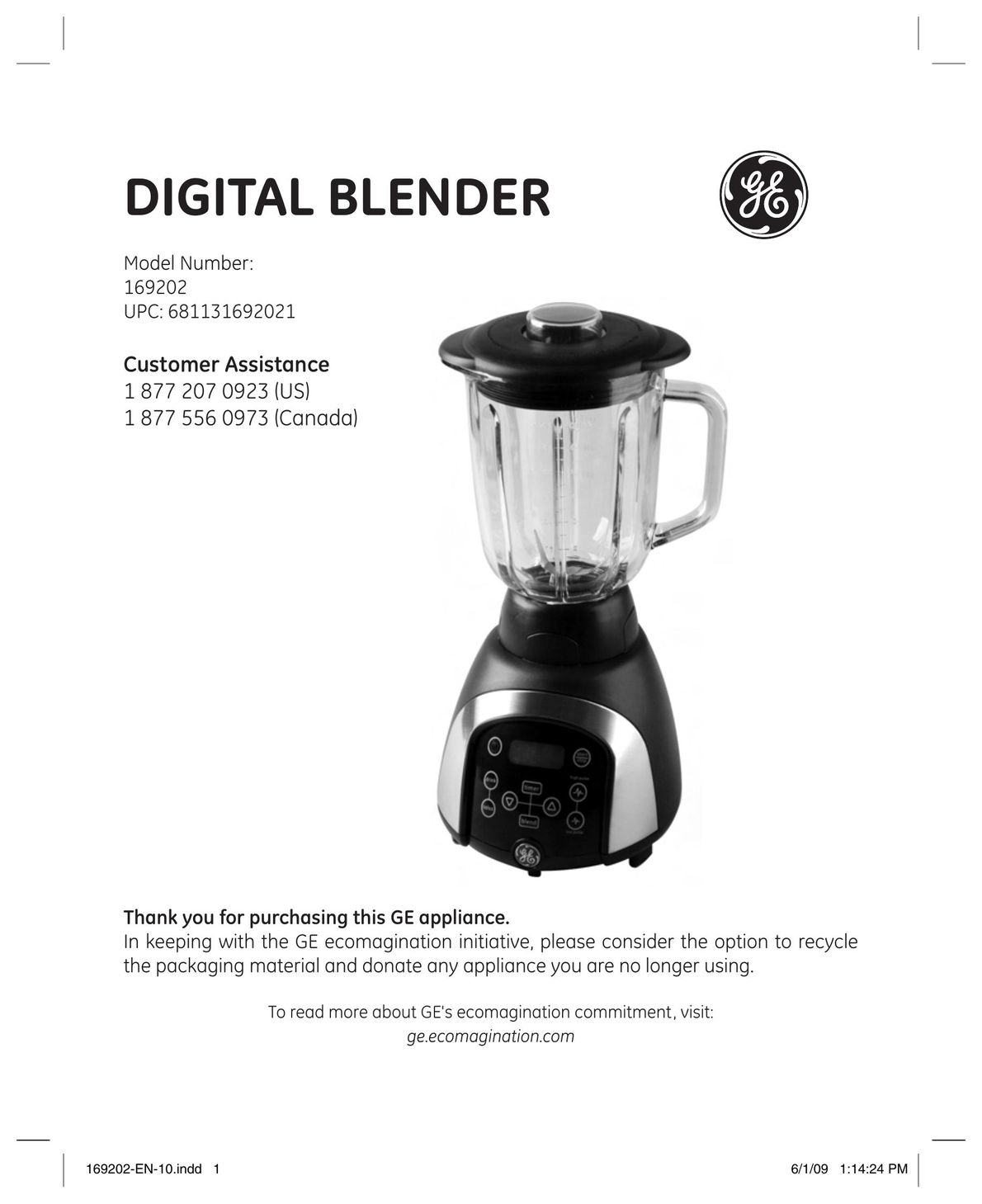 GE 169202 Blender User Manual