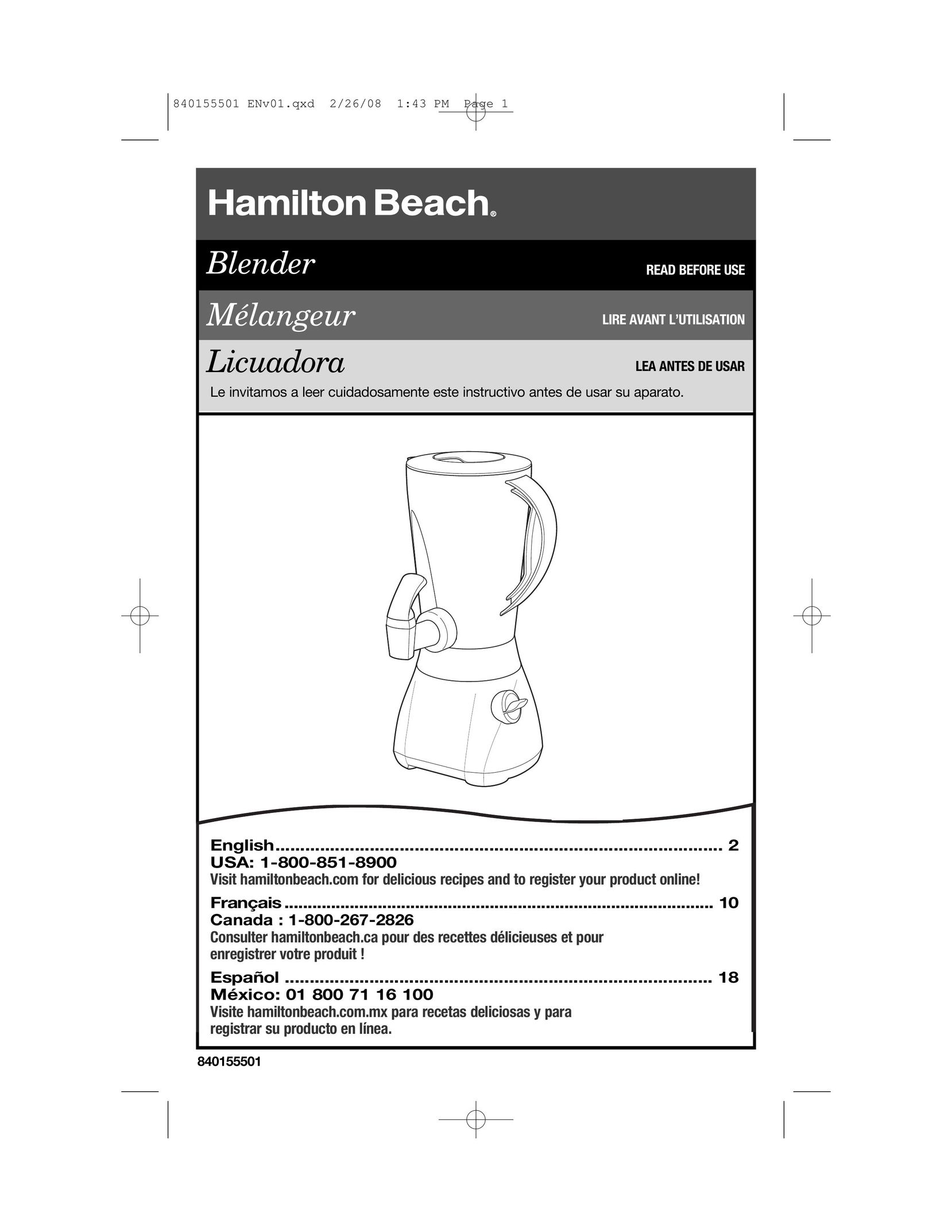Hamilton Beach 54616C Blender User Manual