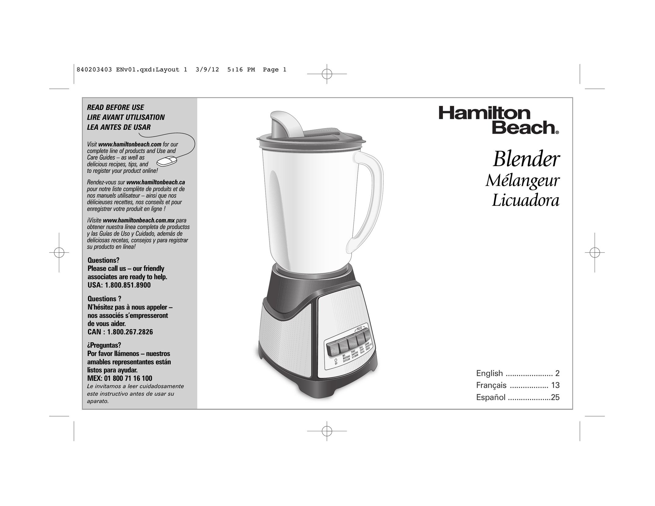 Hamilton Beach 58148 Blender User Manual