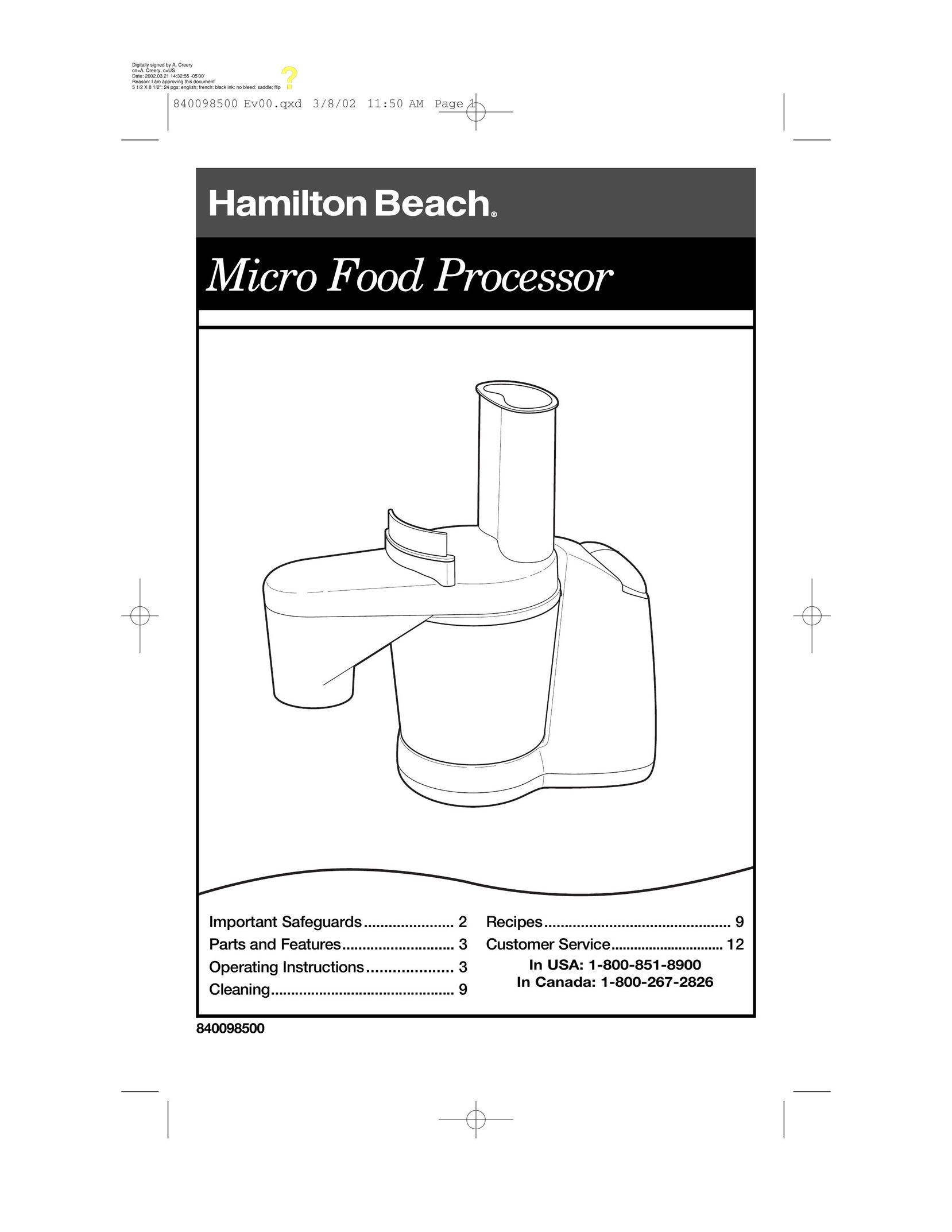 Hamilton Beach 70200 Blender User Manual