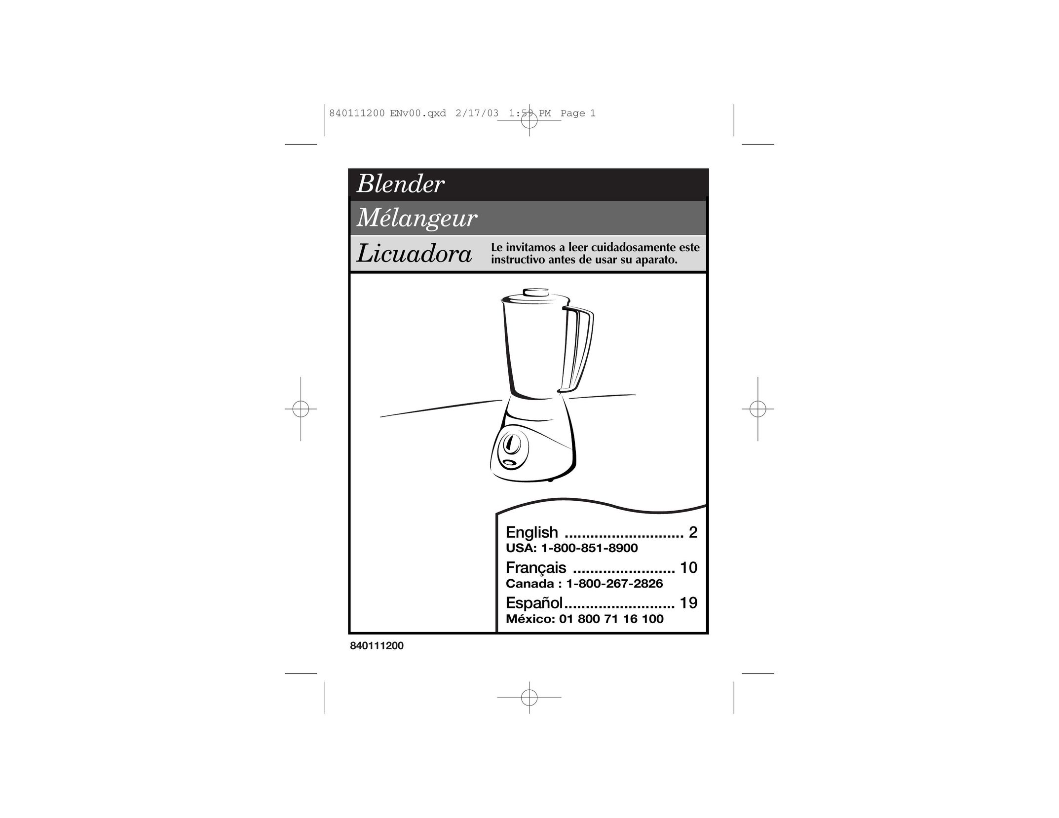 Hamilton Beach 840111200 Blender User Manual