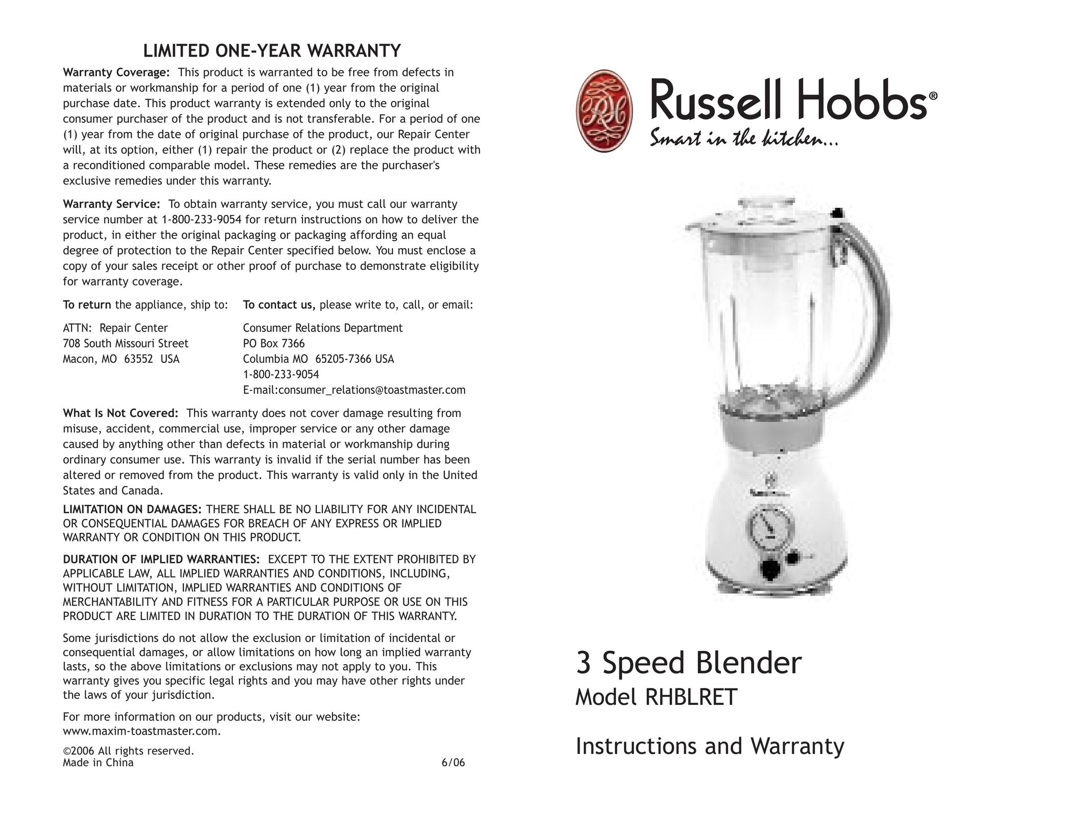 Toastmaster RHBLRET Blender User Manual